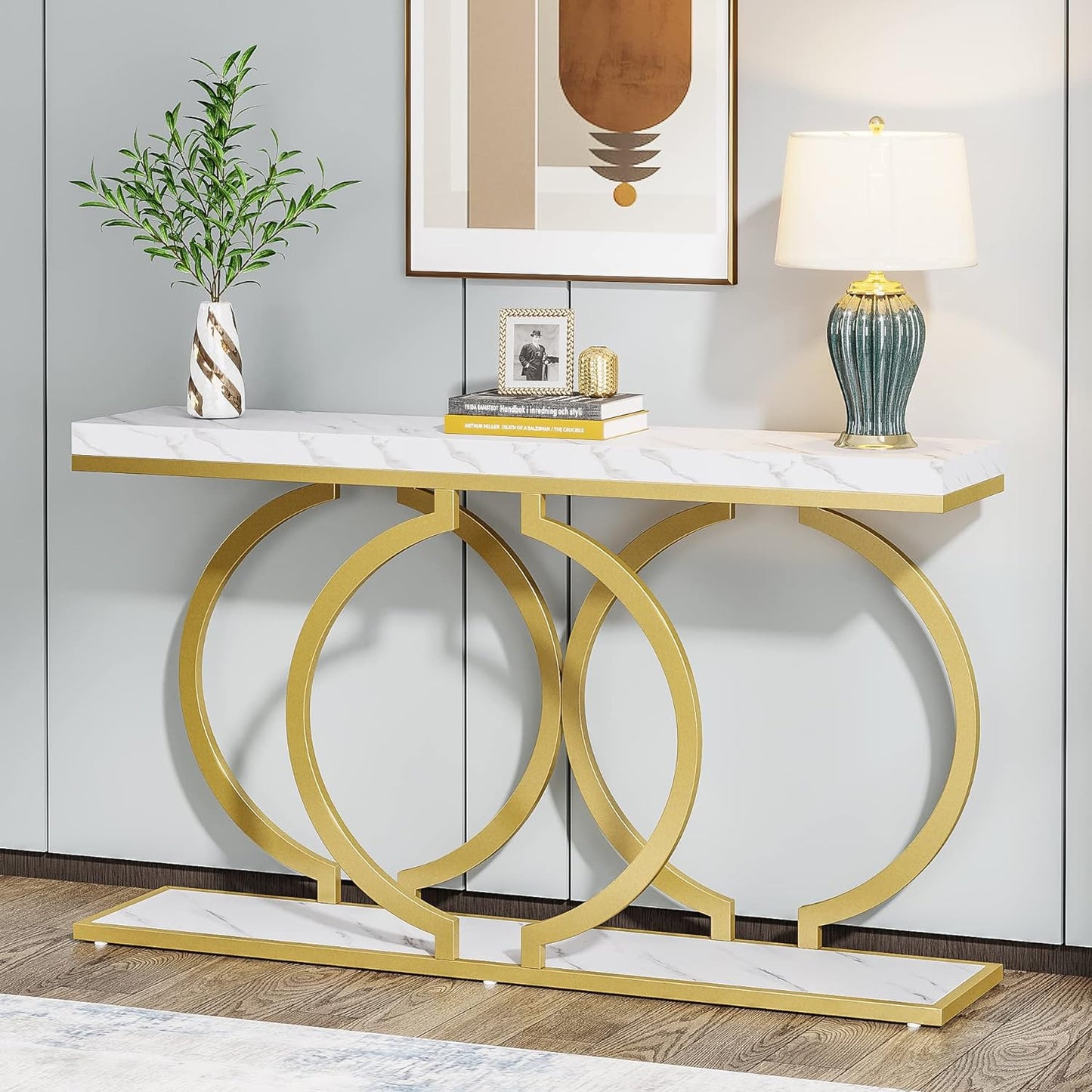 Modern Weiß und Gold Konsolentisch - Faux Marmor Sofa Tisch