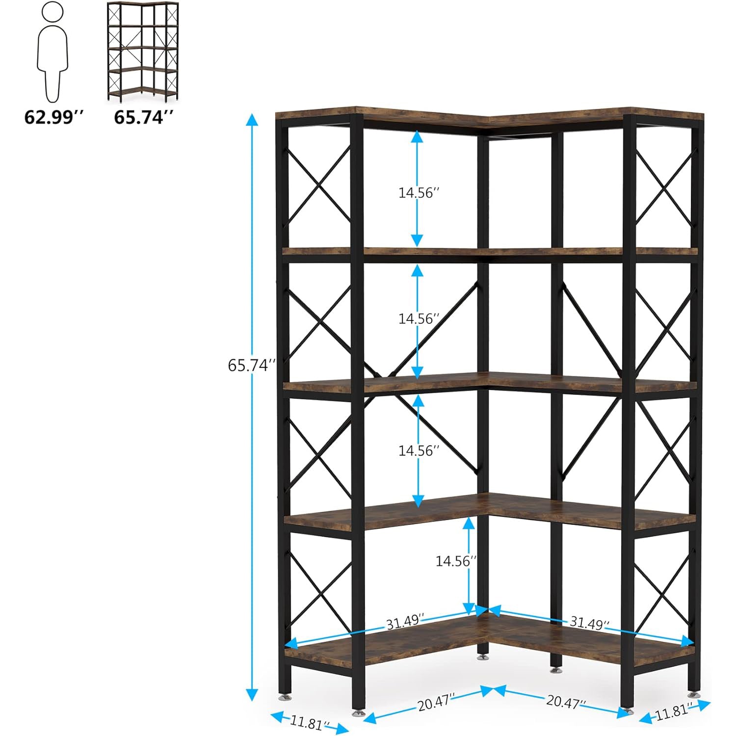 Großes modernes 5-stöckiges hohes Eckregal mit Metallrahmen