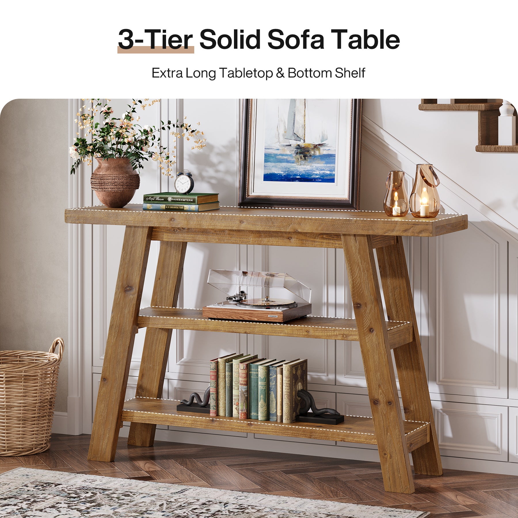 120 cm Massivholz-Konsolentisch im Landhausstil, schmaler Sofatisch mit 3 Ebenen für Eingang & Foyer