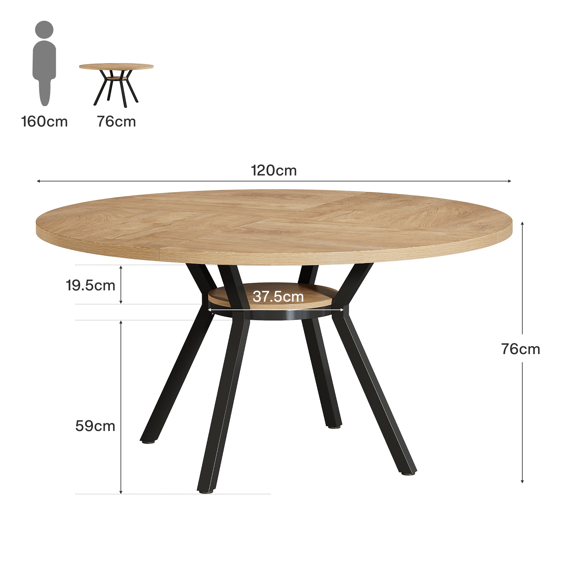120 cm Runder Esstisch für 4 Personen, Küchentisch mit Metallgestell und Ablagefach