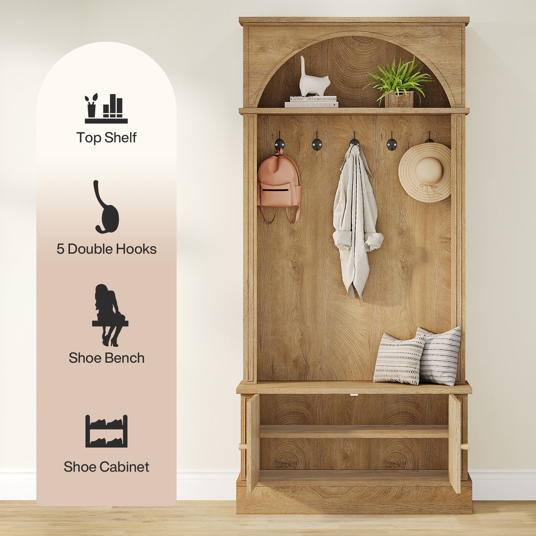 Tribesigns Garderobe mit Sitzbank & Schuhregal, Flurgarderobe 4-in-1 mit 5 Doppelhaken, verstellbare Ablagen