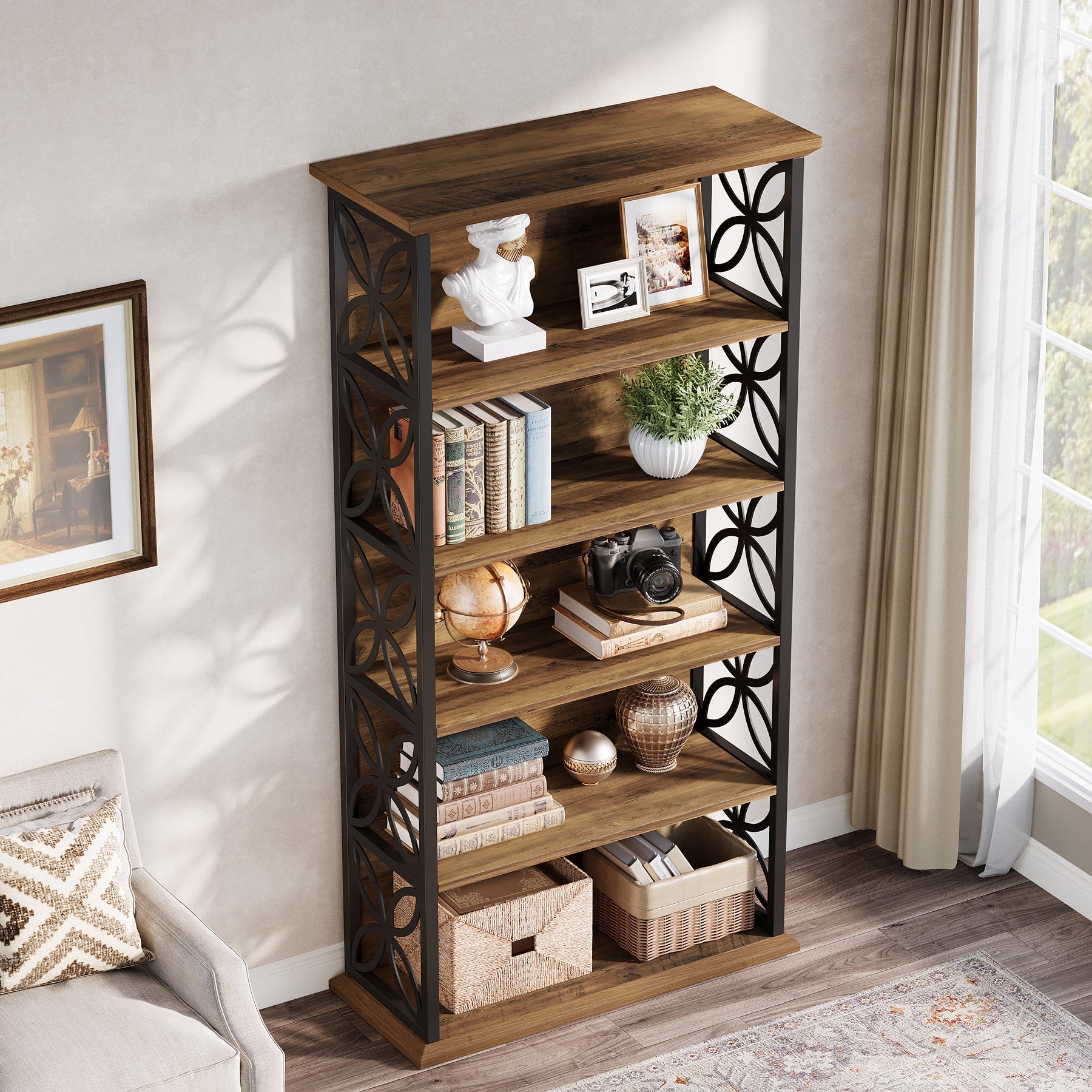 Industrielles 6-Fach-Bücherregal – 71" Hohes Bücherdisplay mit Metallrahmen