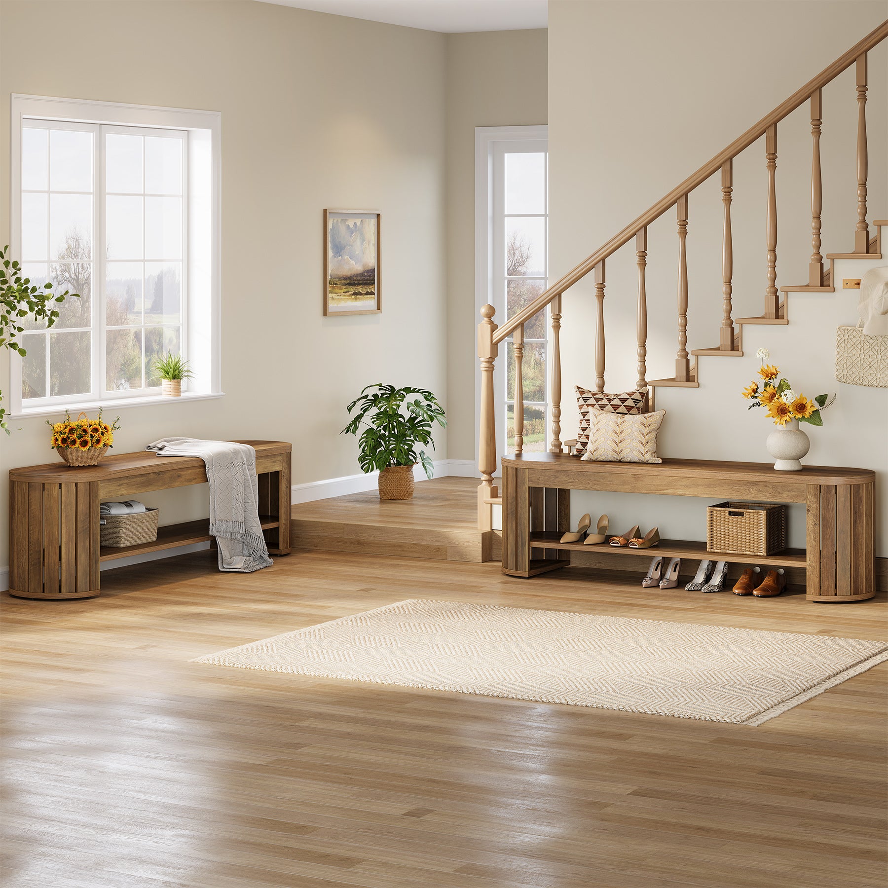 Schuhbank aus Holz mit Stauraum, 160 cm Lange 2-stufige Sitzbank für Flur, Schlafzimmer und Wohnzimmer