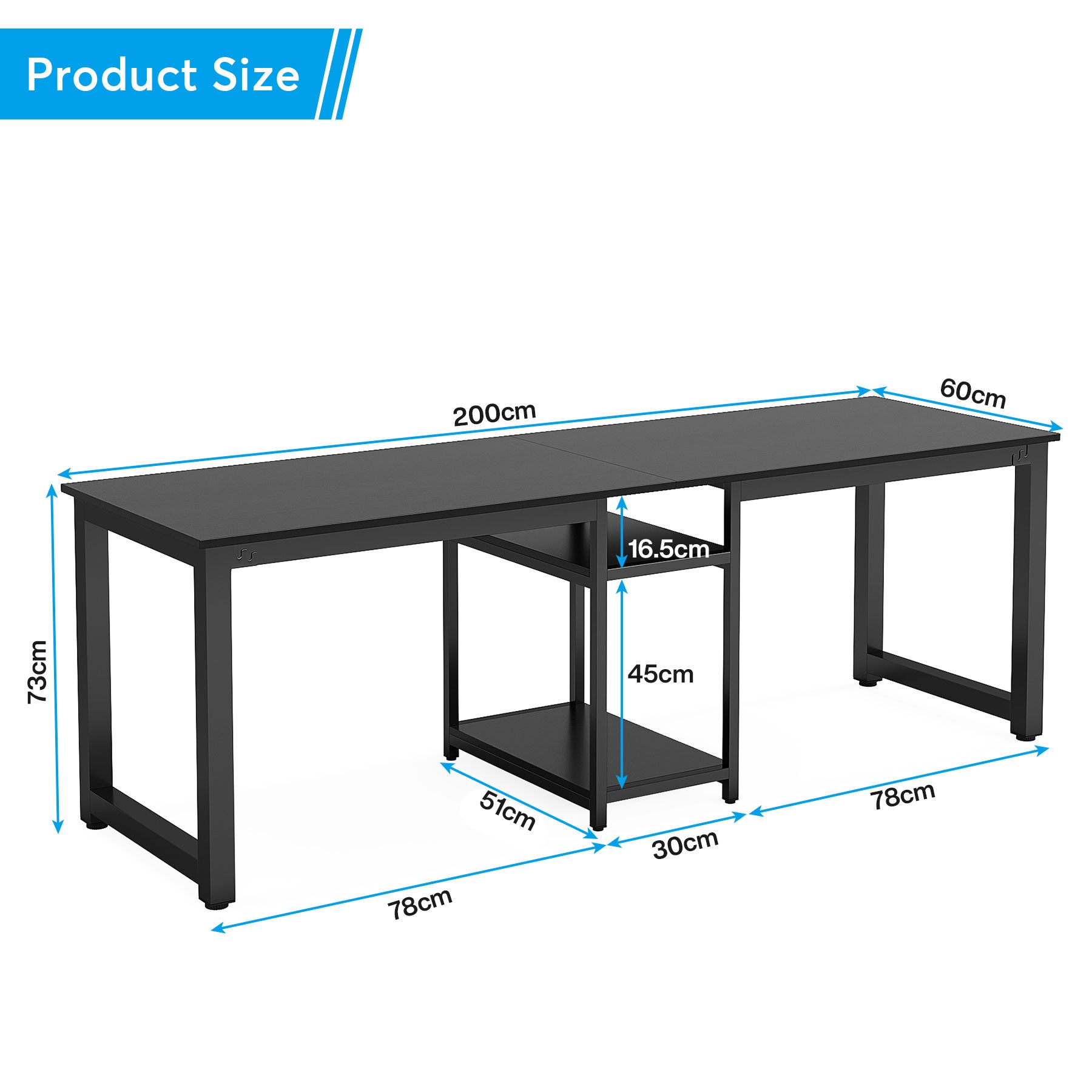 200cm Zwei-Personen-Schreibtisch, Doppel-Computertisch mit Lagerregalen