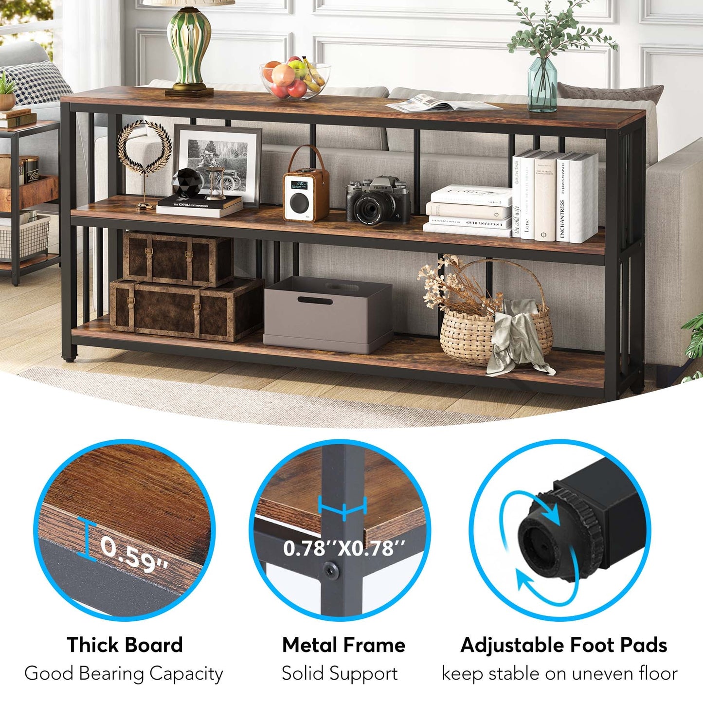 Console Table, 70.9" Sofa Table, 3 Tiers Narrow Long Sofa Table Tribesigns