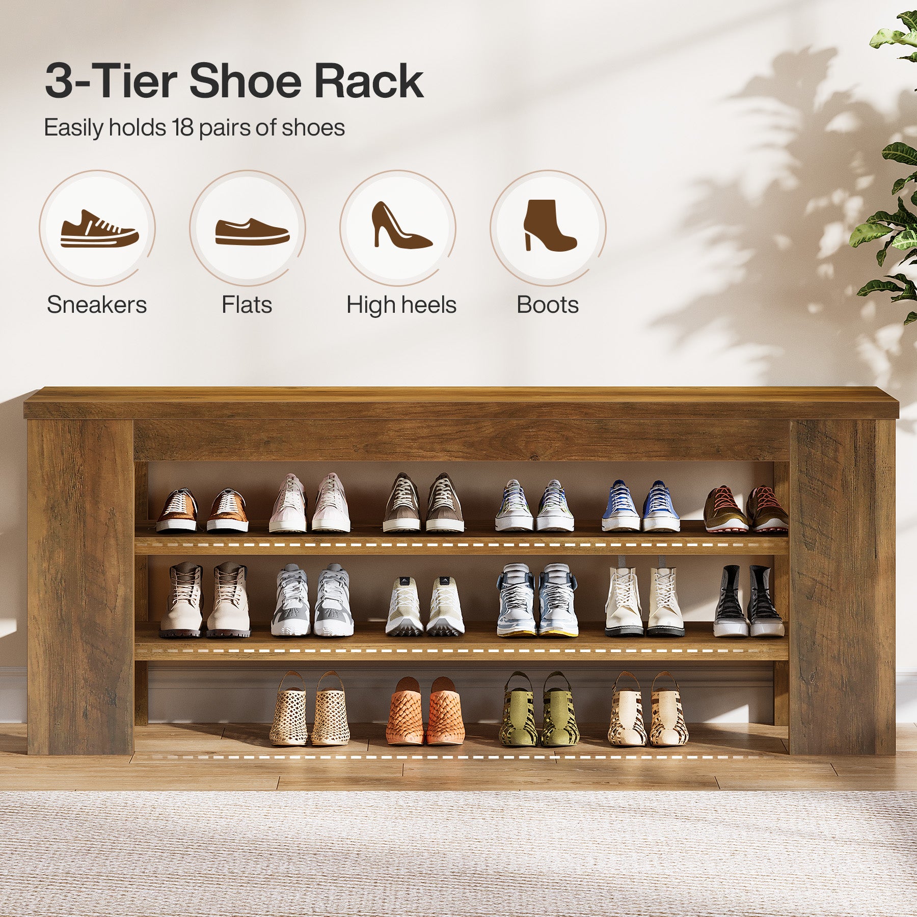 Schuhbank 120 cm mit Sitzfläche, Schuhregal, Garderobenbank aus Holz mit 3 Ebenen, belastbar bis 136 kg