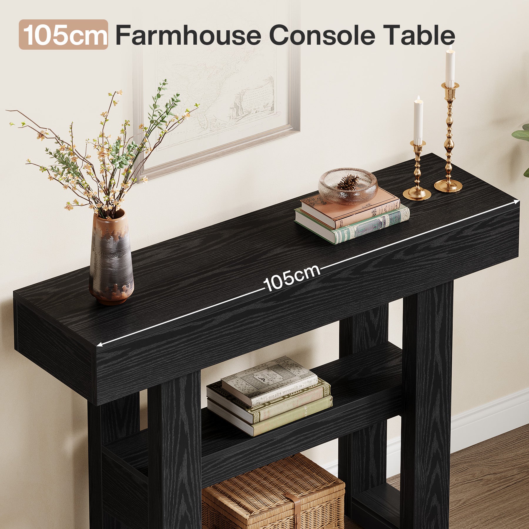 105 cm Farmhouse Konsoletisch mit 2 Ebenen - Schmaler Flurtisch in Rustikalbraun mit Ablagefächern