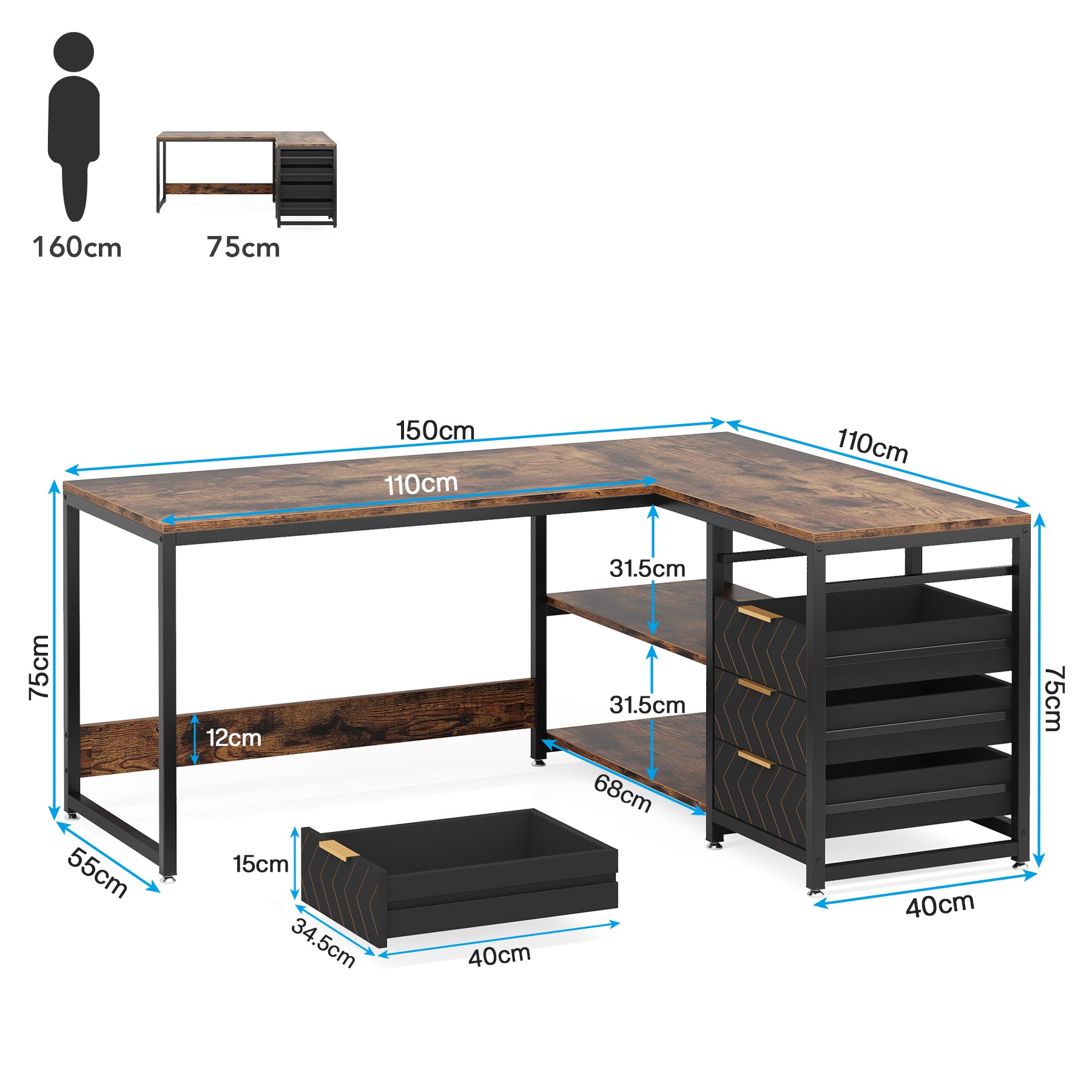 150 cm L-förmiger Schreibtisch, umkehrbarer Eckschreibtisch mit Schubladen und Regalen