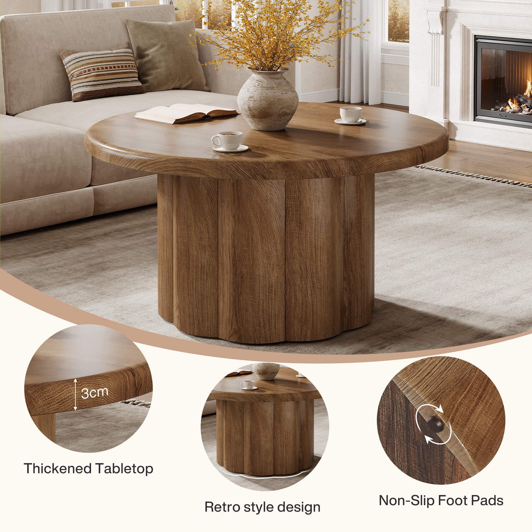 80 cm Couchtisch Rund, Landhaus Design Wohnzimmertisch mit Riffelbasis in Braun