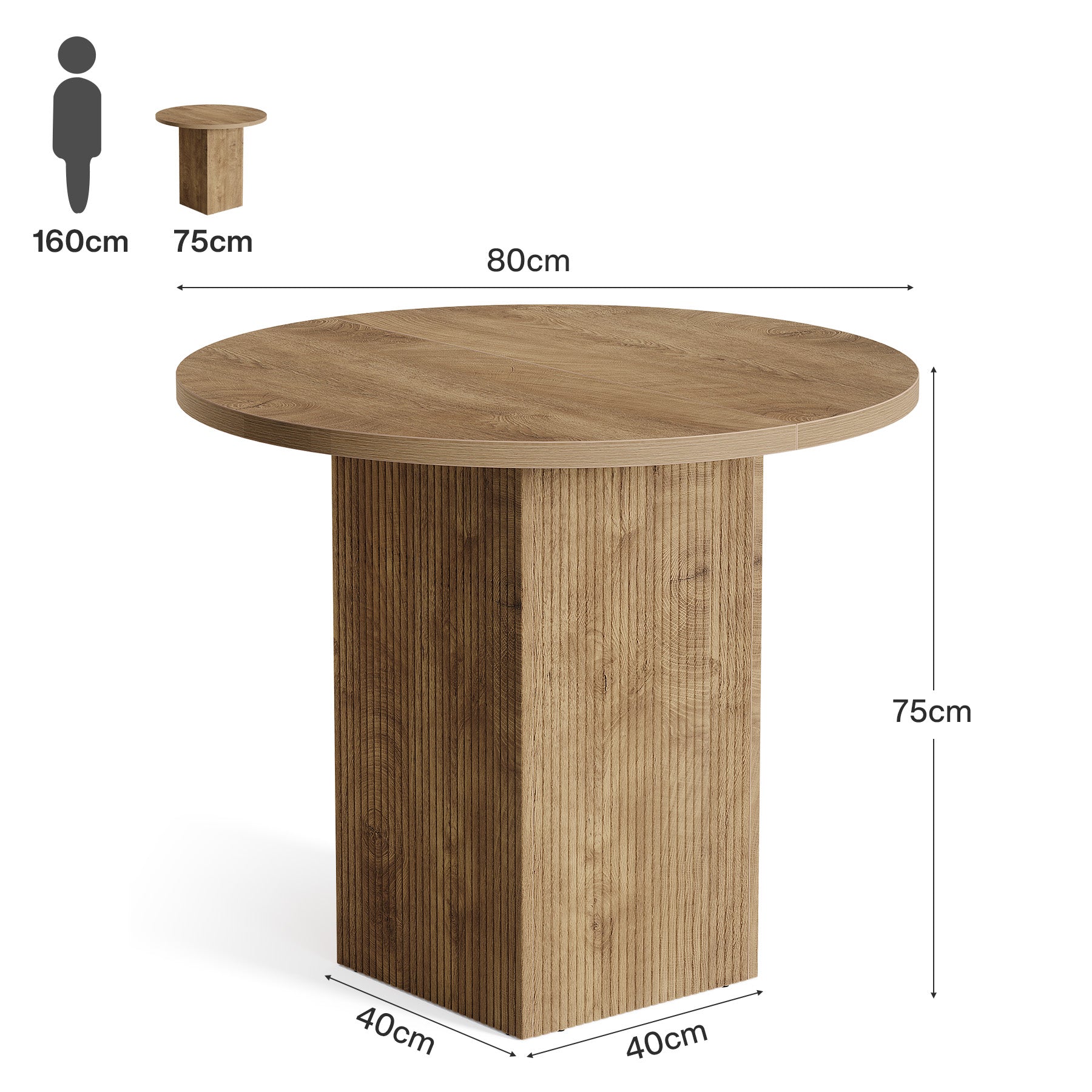 80 cm Runder Konferenztisch, Bürotisch mit geriffeltem Sockel in Braun für kleine Räume