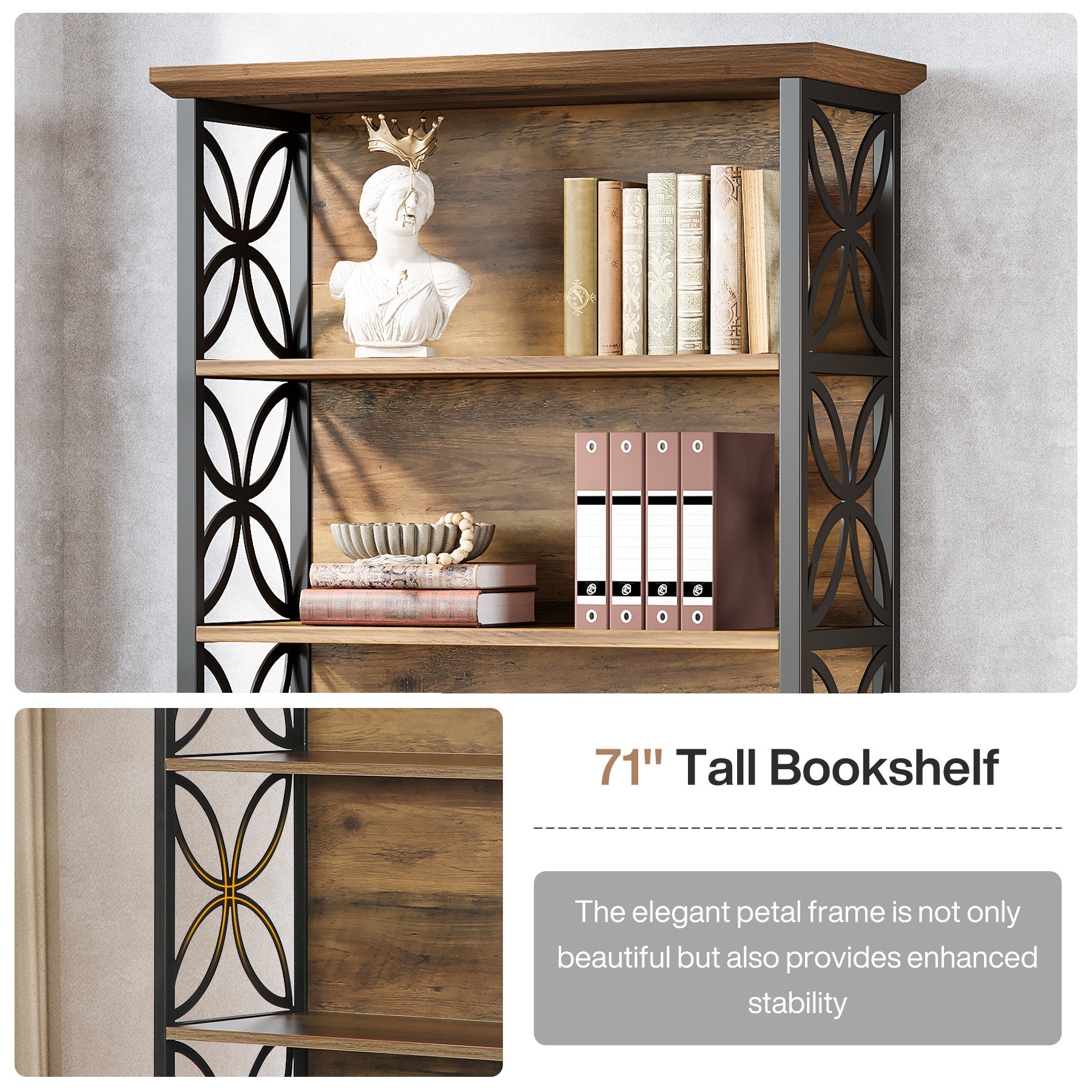 Industrielles 6-Fach-Bücherregal – 71" Hohes Bücherdisplay mit Metallrahmen