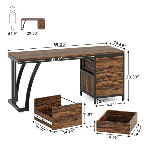 Industrieller Computertisch, 150 CM Schreibtisch mit umkehrbarem Schubladenschrank