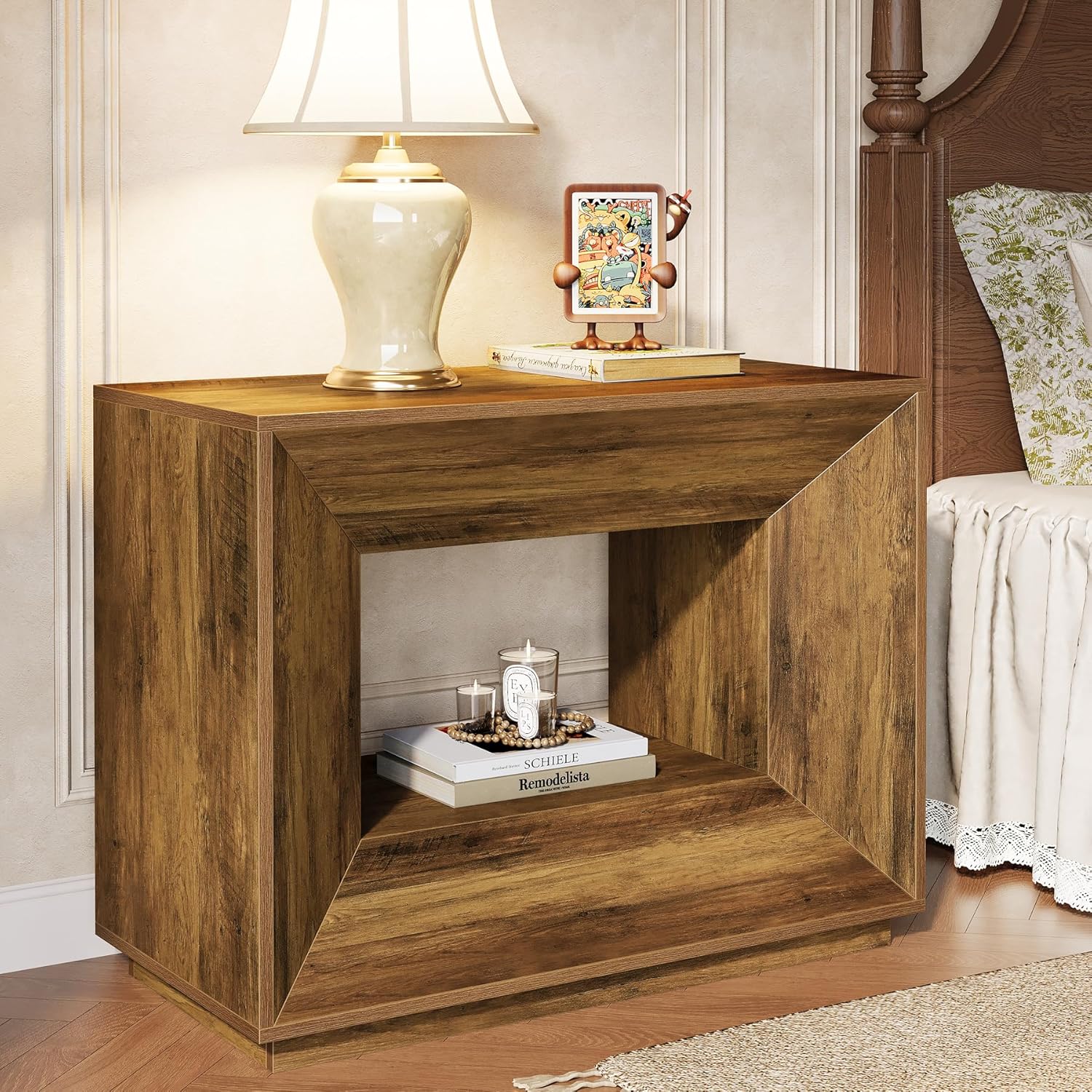 90 cm großer Side-Table im Vintage-Design fürs Schlafzimmer,Nachttisch mit Unterschrank