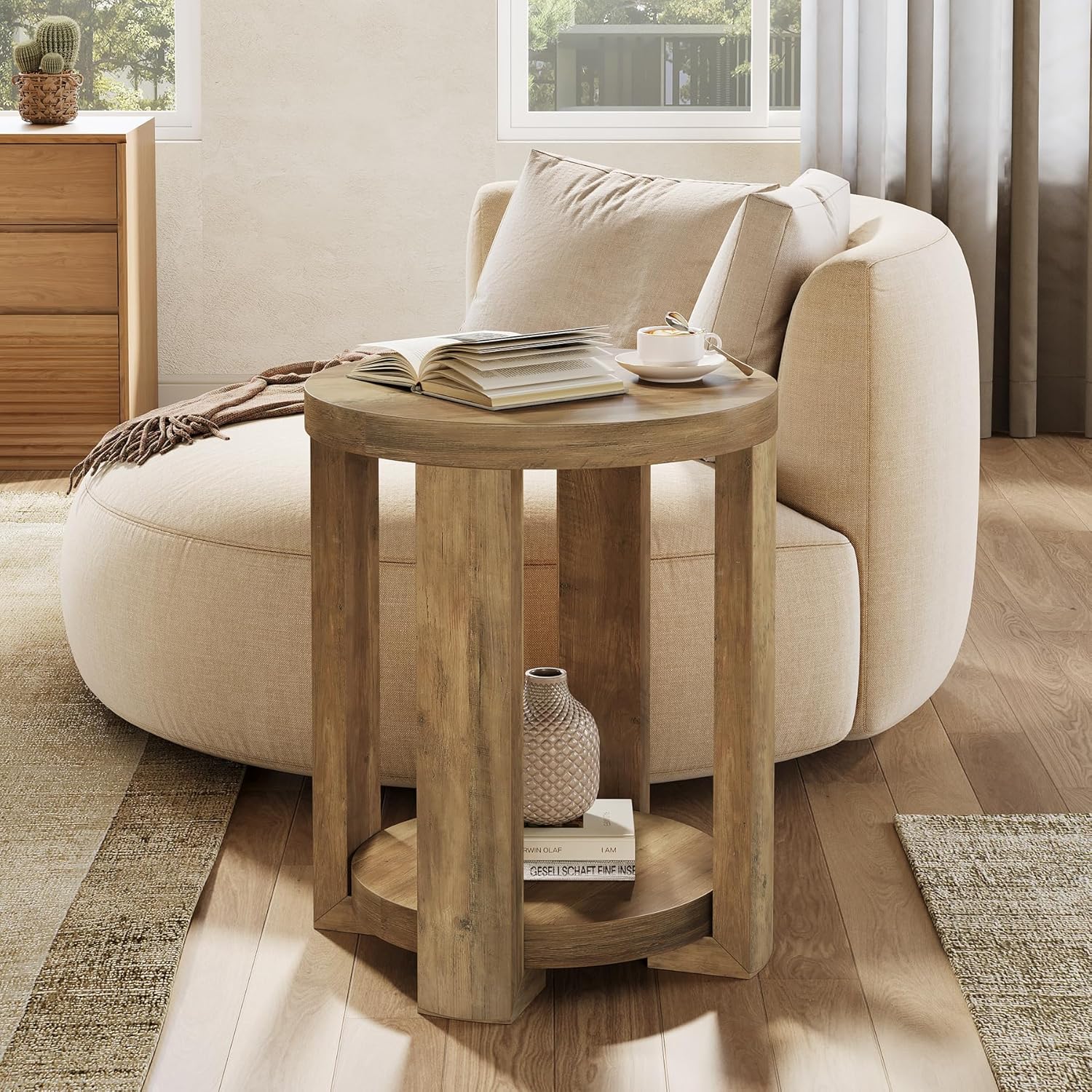 Tribesigns Runder Beistelltisch 50 cm mit Stauraum, Moderner Nachttisch im Landhausstil, 2 Ebenen Sofatisch in Braun