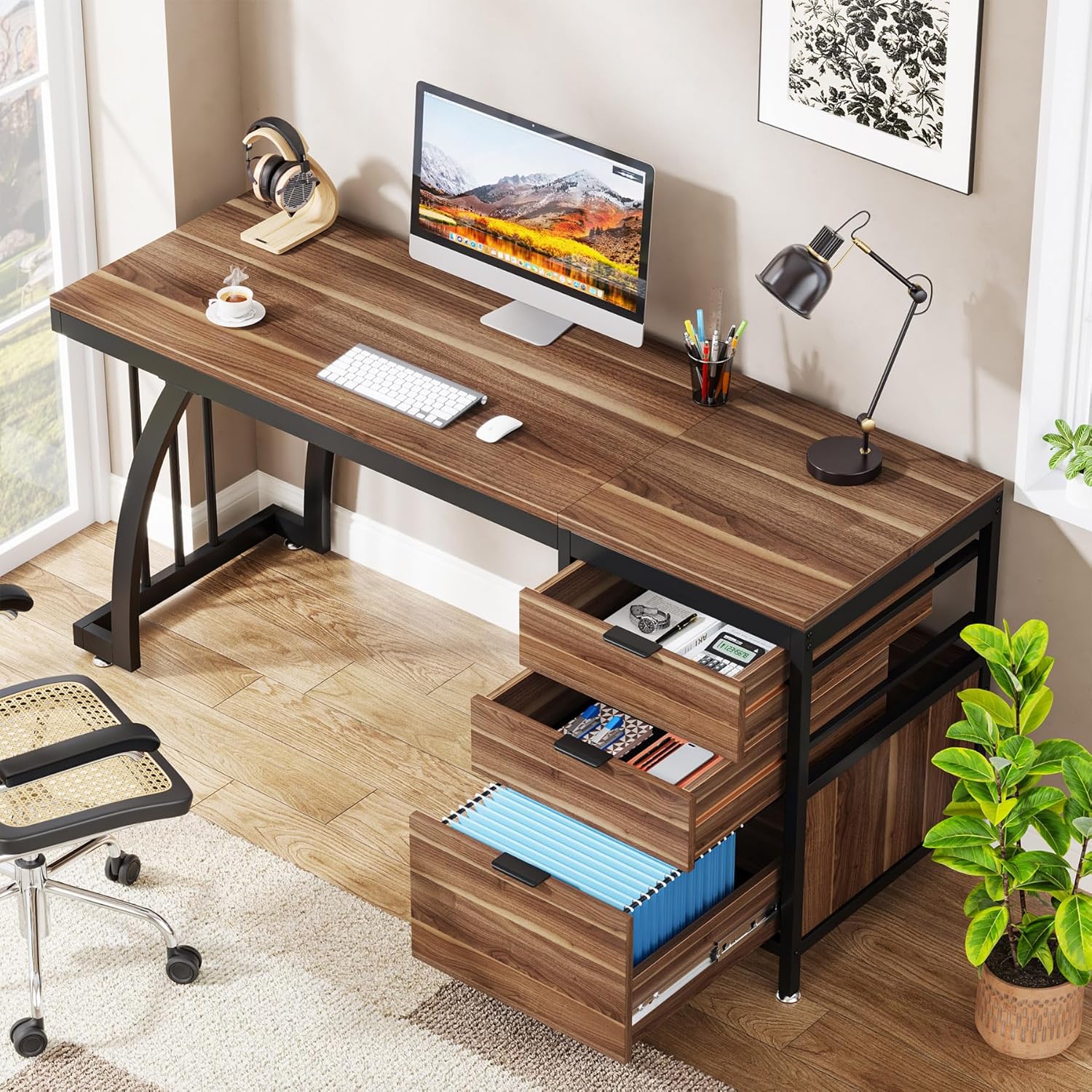 Industrieller Computertisch, 150 CM Schreibtisch mit umkehrbarem Schubladenschrank