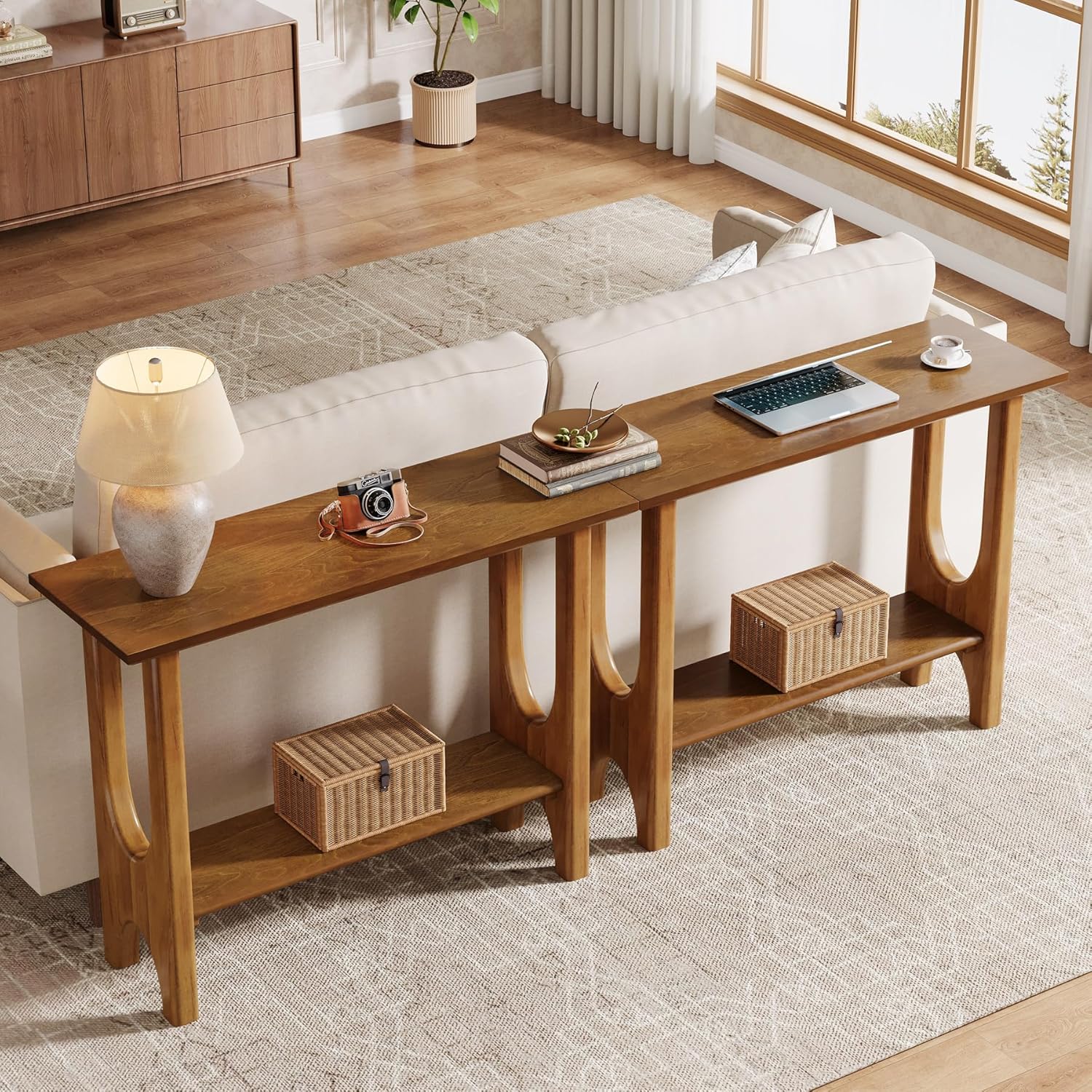 105 cm Konsolentisch - Mid-Century-Konsole mit Stauraum in hellem Nussbaum
