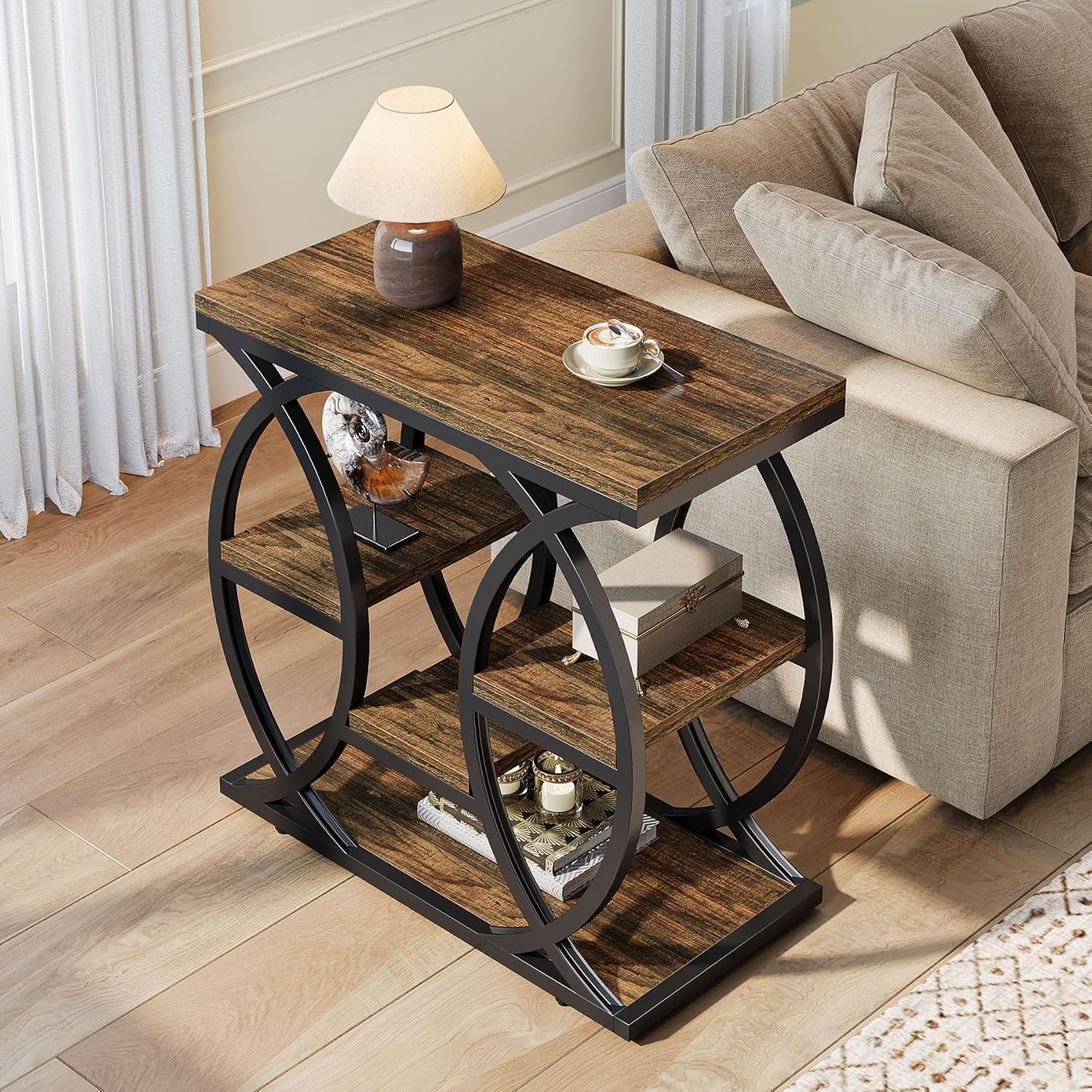 Beistelltisch mit 4 Ablagen, 60cm schmaler Nachttisch mit Stauraum