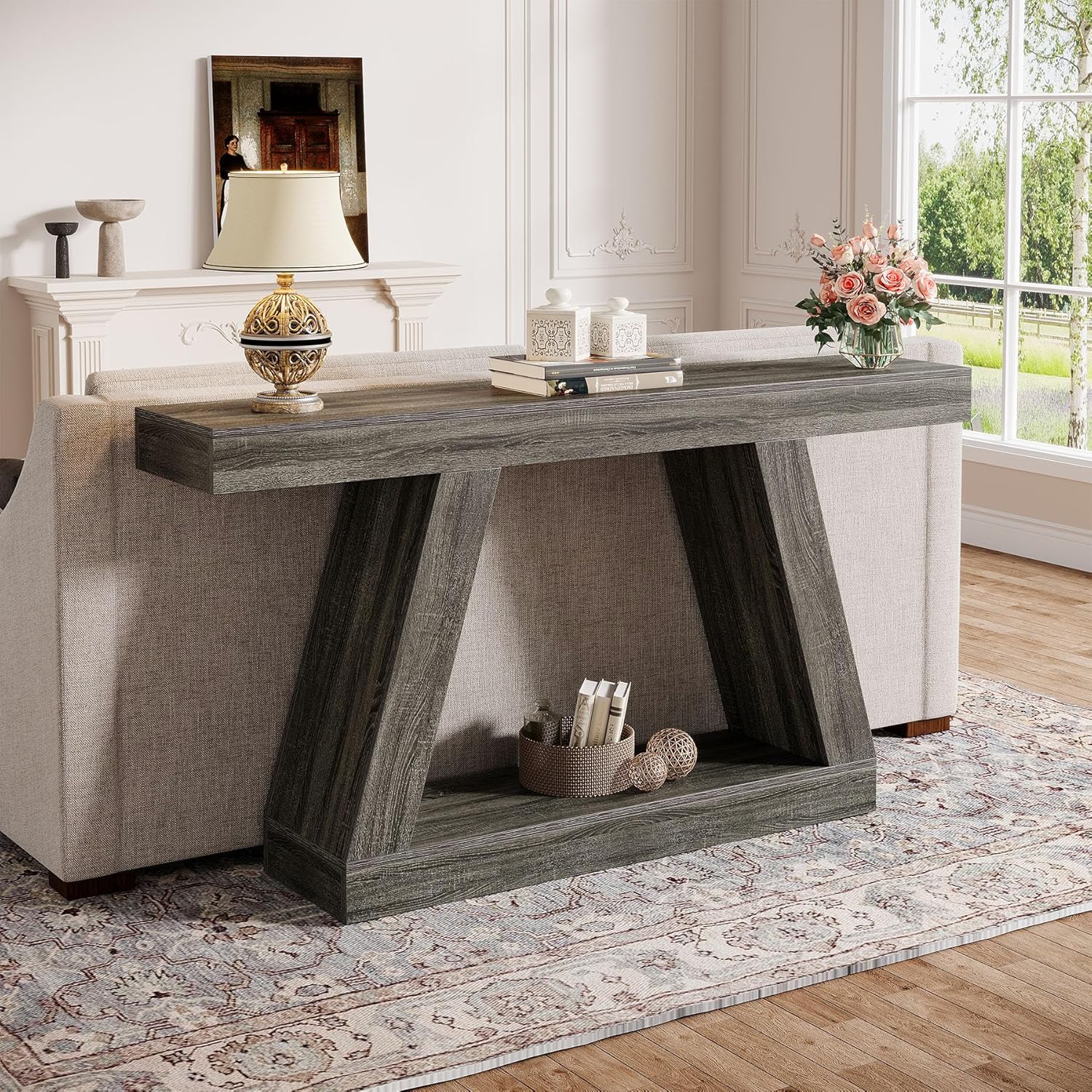 Konsolentisch im Landhausstil, 140cm Sofatisch mit Stauraum