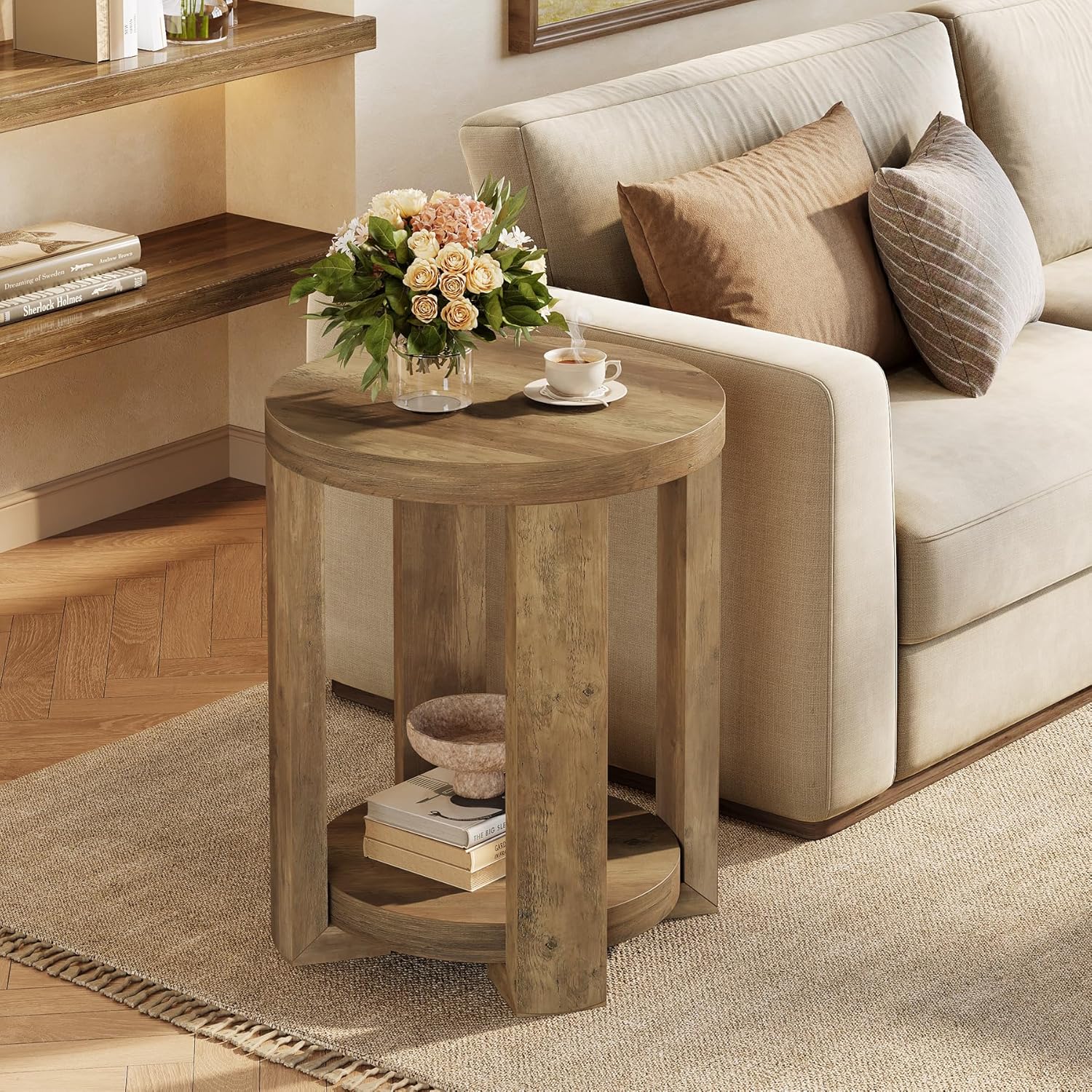 Tribesigns Runder Beistelltisch 50 cm mit Stauraum, Moderner Nachttisch im Landhausstil, 2 Ebenen Sofatisch in Braun
