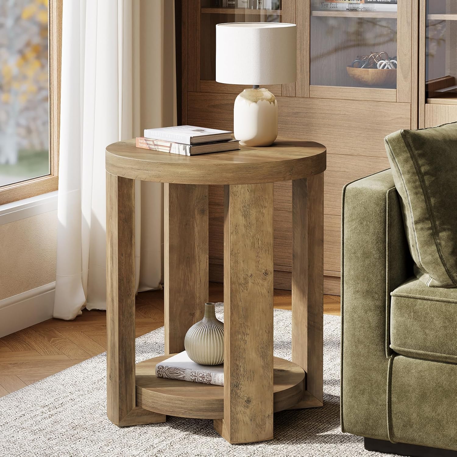 Tribesigns Runder Beistelltisch 50 cm mit Stauraum, Moderner Nachttisch im Landhausstil, 2 Ebenen Sofatisch in Braun