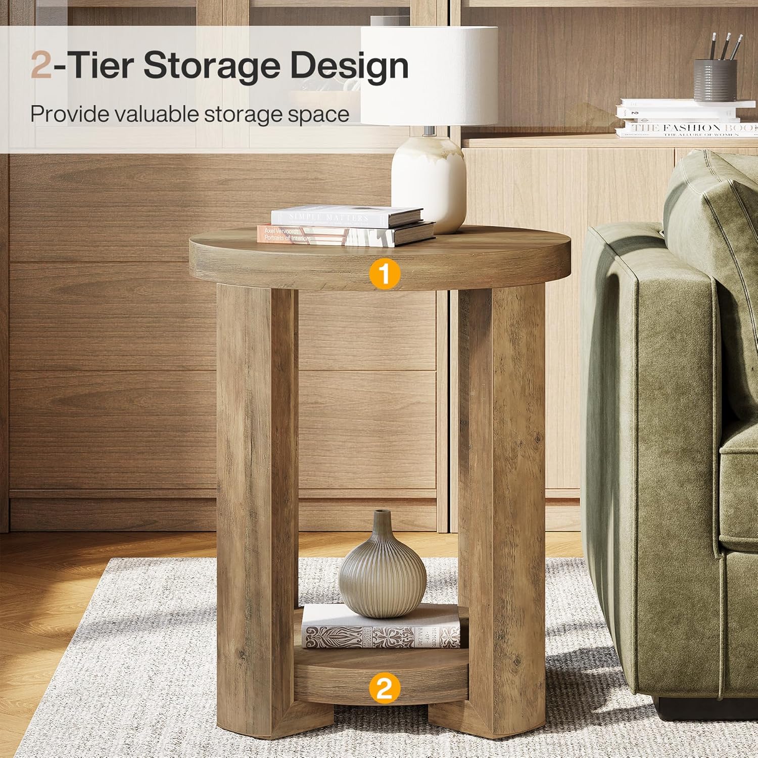 Tribesigns Runder Beistelltisch 50 cm mit Stauraum, Moderner Nachttisch im Landhausstil, 2 Ebenen Sofatisch in Braun