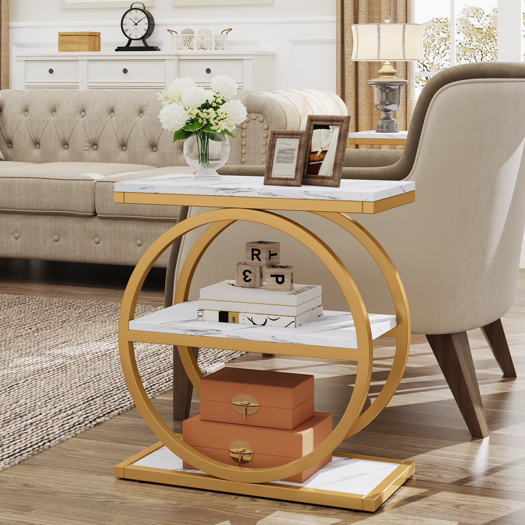 3-stöckiger Beistelltisch, industrieller Sofa-Beistelltisch mit rundem Metallrahmen