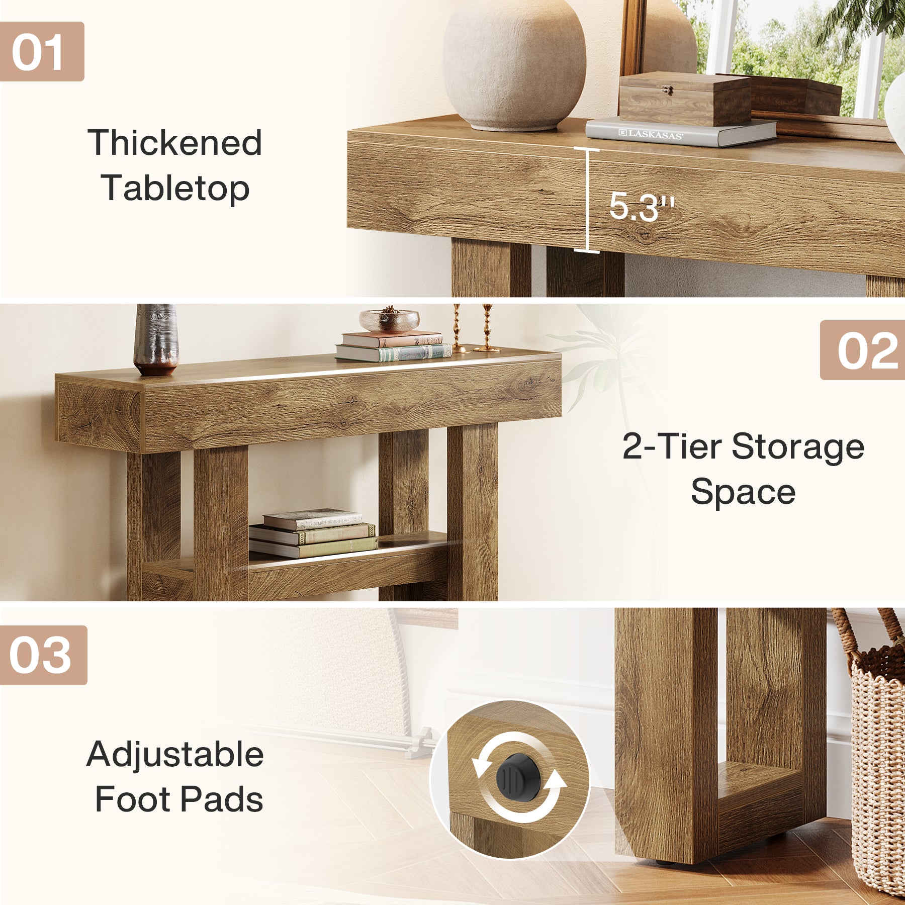 105 cm Farmhouse Konsoletisch mit 2 Ebenen - Schmaler Flurtisch in Rustikalbraun mit Ablagefächern