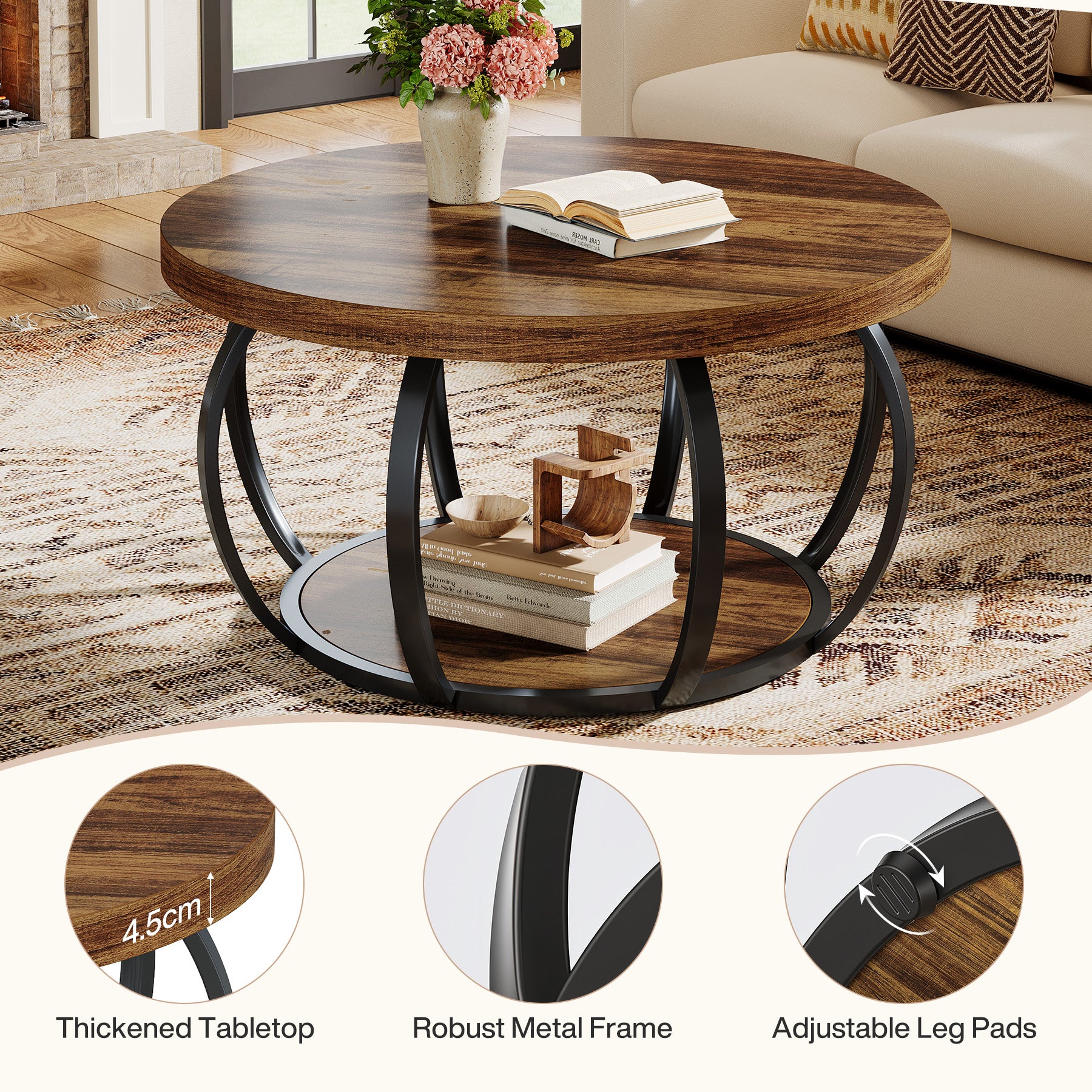 Tribesigns Runde Couchtisch 80 cm, Industrial 2-Tier-Kreis Couchtisch mit Lagerung Regale