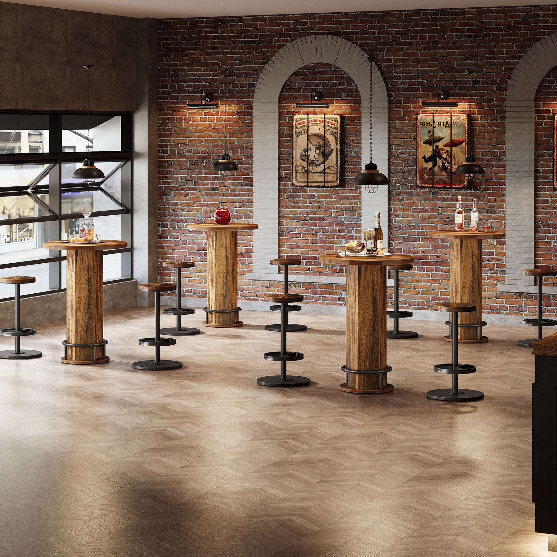 Runder Bartisch mit 2 Barhockern, Industrielles Bistro-Set für Küche und kleine Räume