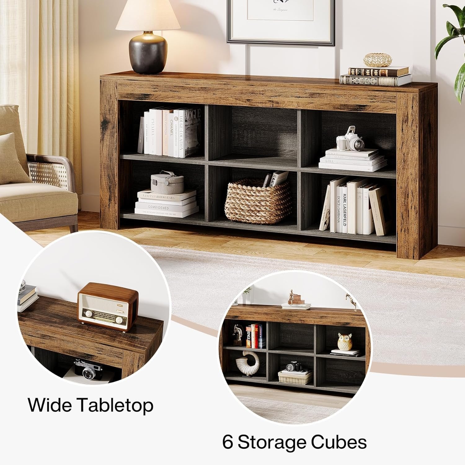160 cm Industrielles 6-Fach Regal mit rustikalem Holzfinish, Breites Cubby Bücherregal im Landhausstil