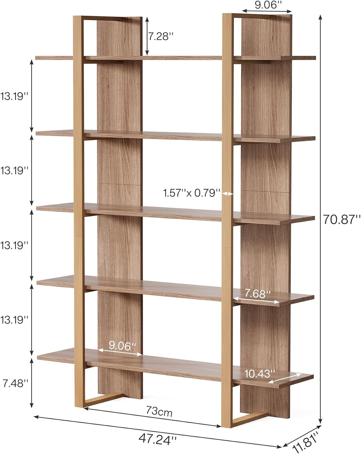 120 cm 5-stöckiges Bücherregal Retro Braun aus Metall & Holz
