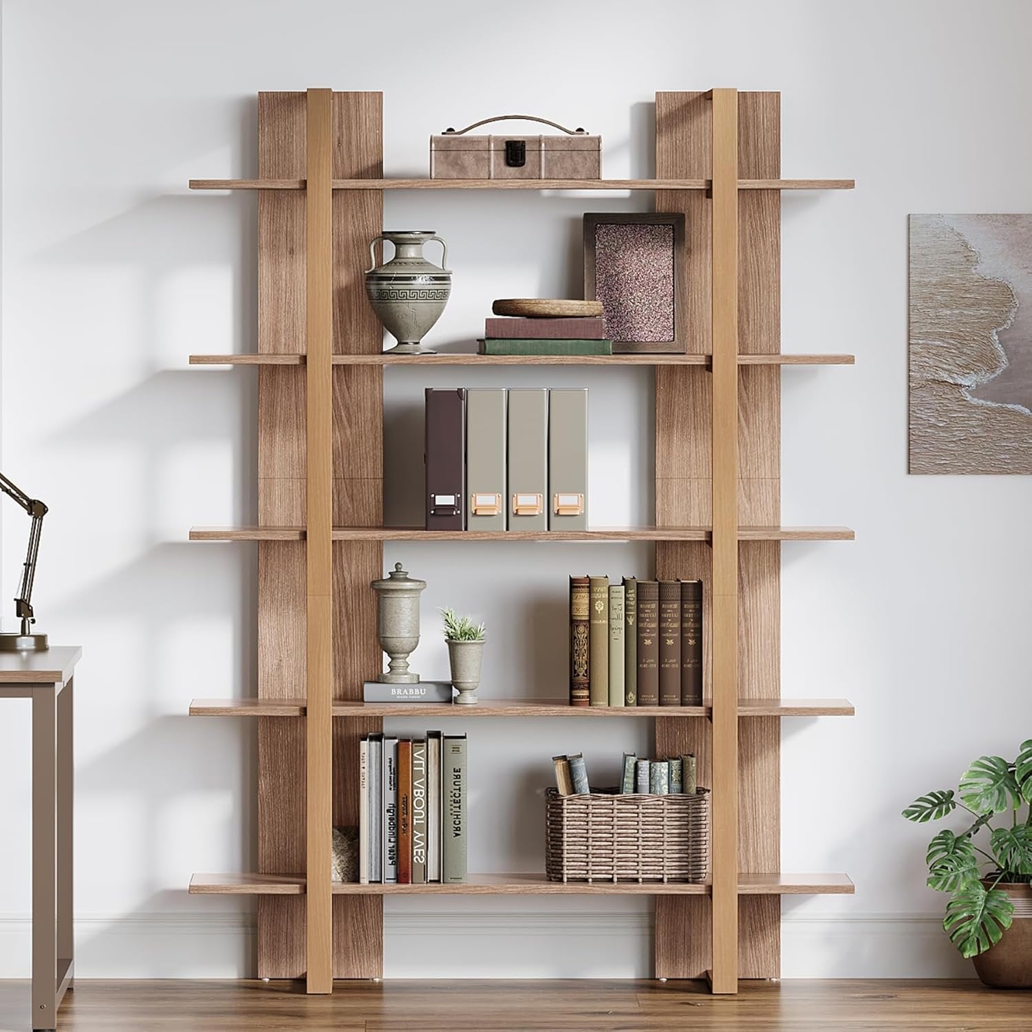 120 cm 5-stöckiges Bücherregal Retro Braun aus Metall & Holz