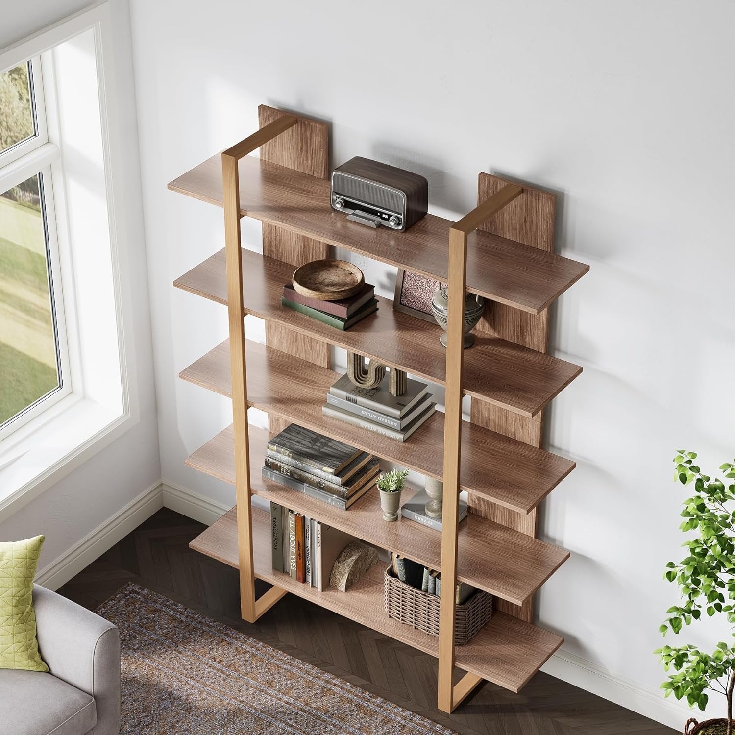 120 cm 5-stöckiges Bücherregal Retro Braun aus Metall & Holz