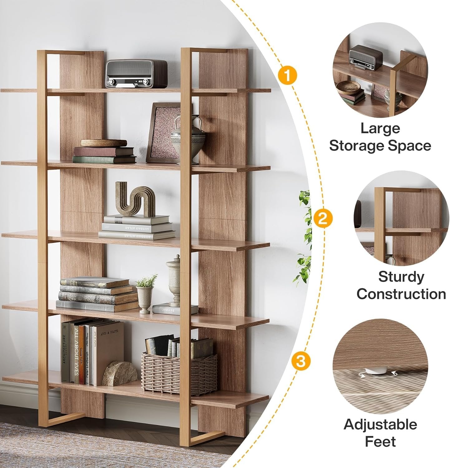 120 cm 5-stöckiges Bücherregal Retro Braun aus Metall & Holz