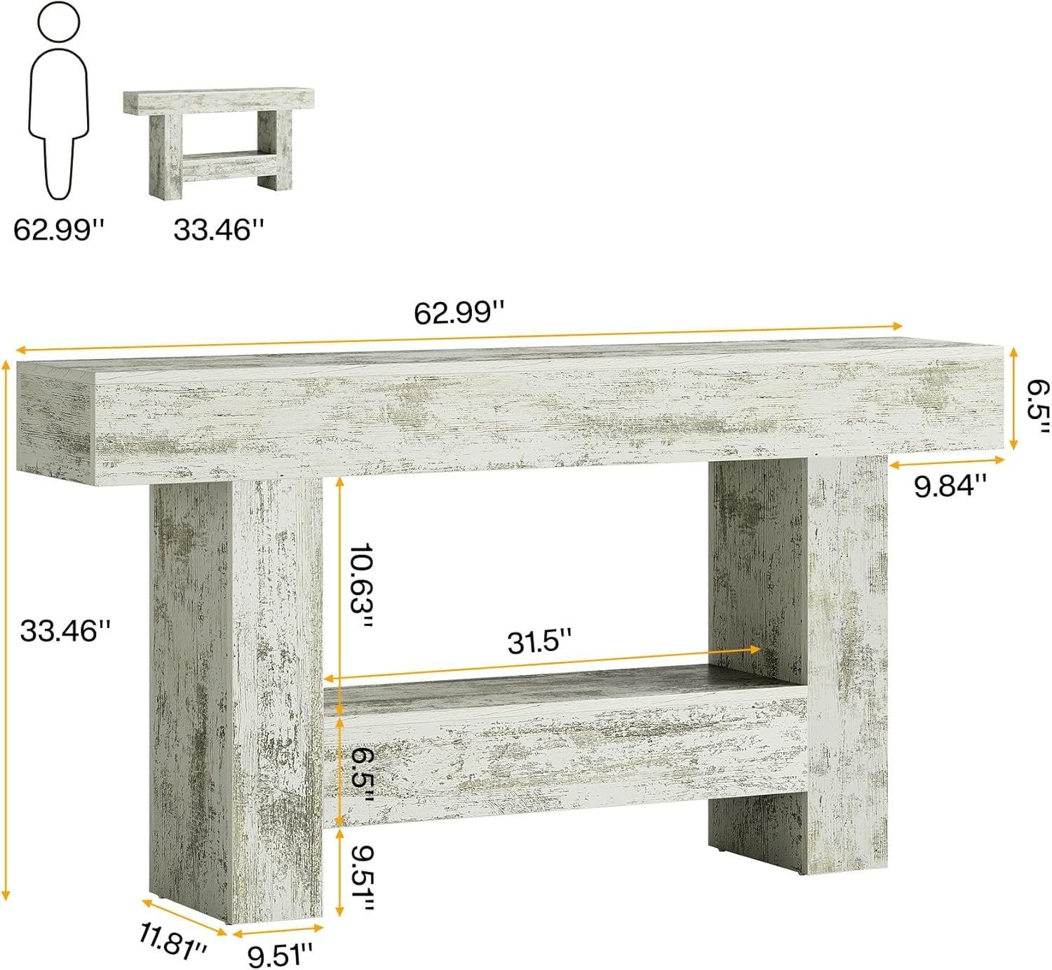 160 cm Landhaus-Konsolentisch mit Stauraum & rustikaler Optik - Weißer Sofatisch für Flur