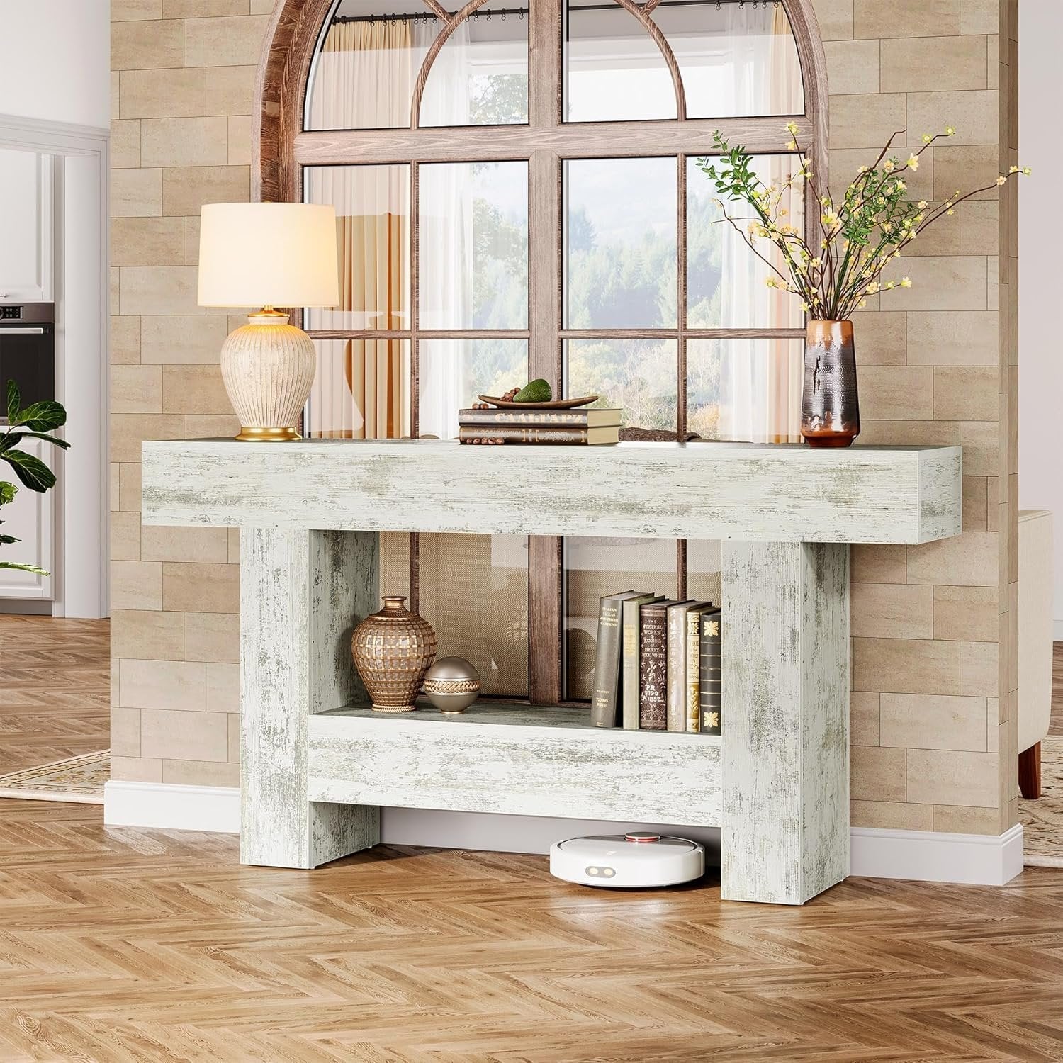 160 cm Landhaus-Konsolentisch mit Stauraum & rustikaler Optik - Weißer Sofatisch für Flur