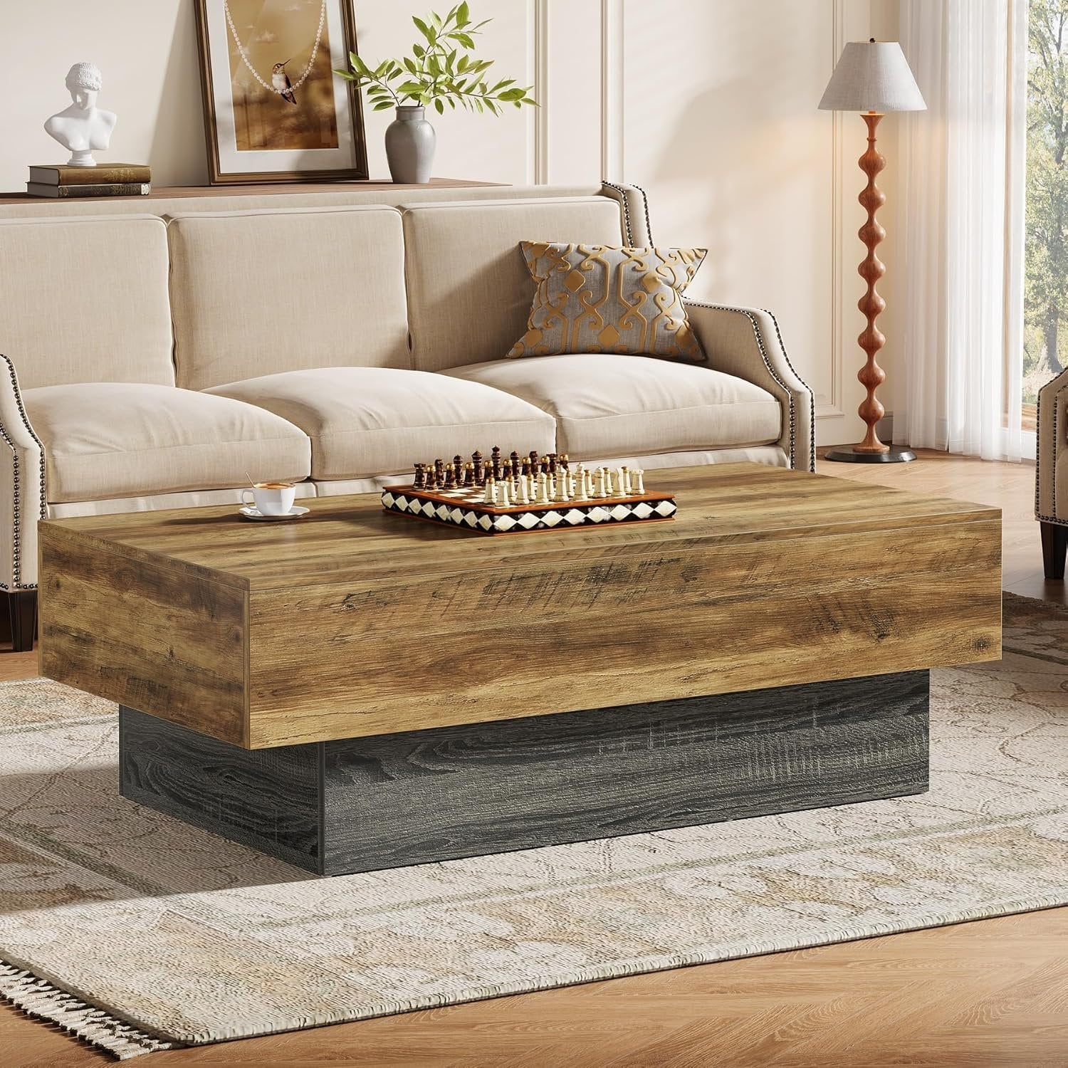 140 cm Farmhouse Couchtisch - Großer rechteckiger Tisch in rustikalem Braun & Grau für Wohnzimmer und Empfangsbereich