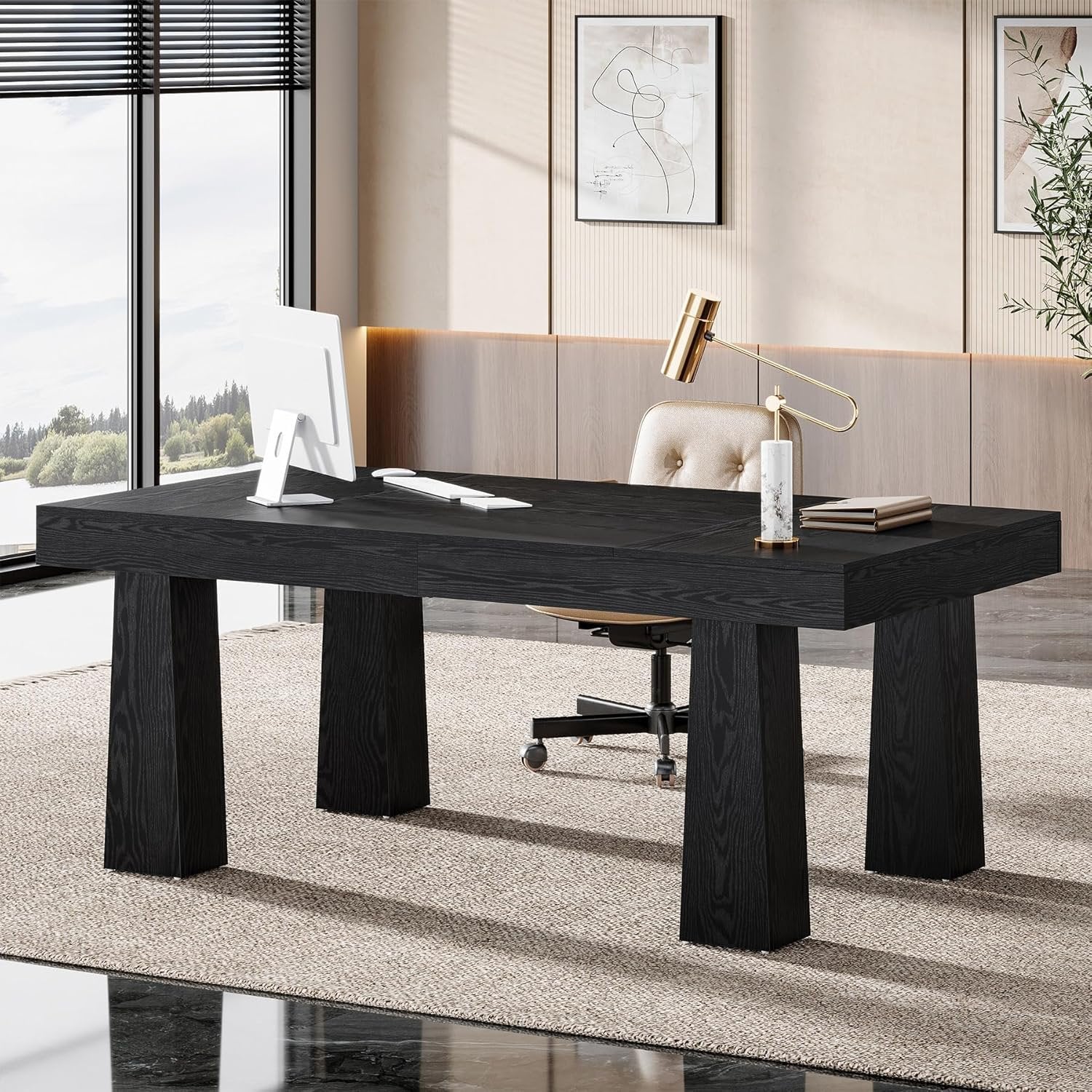 160 cm Computerschreibtisch, Moderner Industriestil Schreibtisch mit verstärkten Kegelfüßen in Schwarz