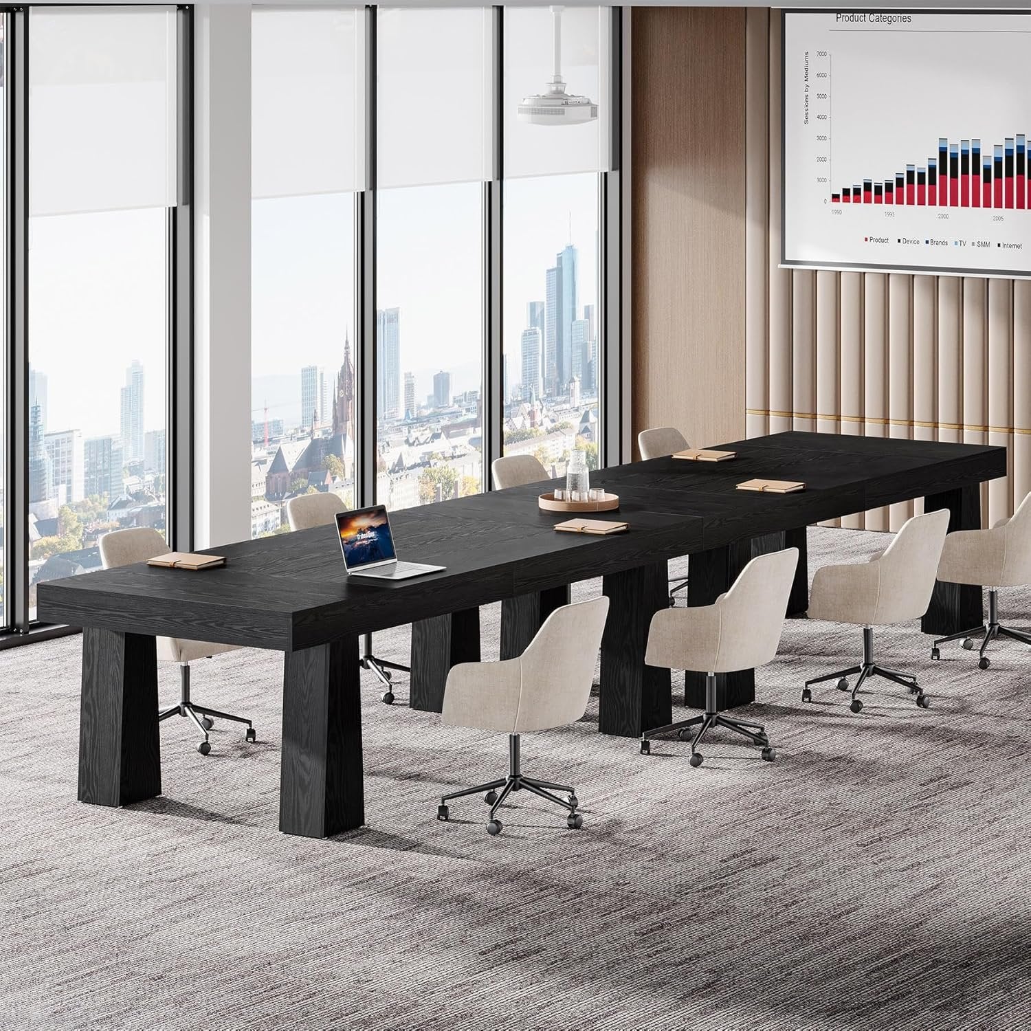 160 cm Konferenztisch, Moderner Industriestil Meetingtisch mit 4 verjüngten Beinen in Schwarz