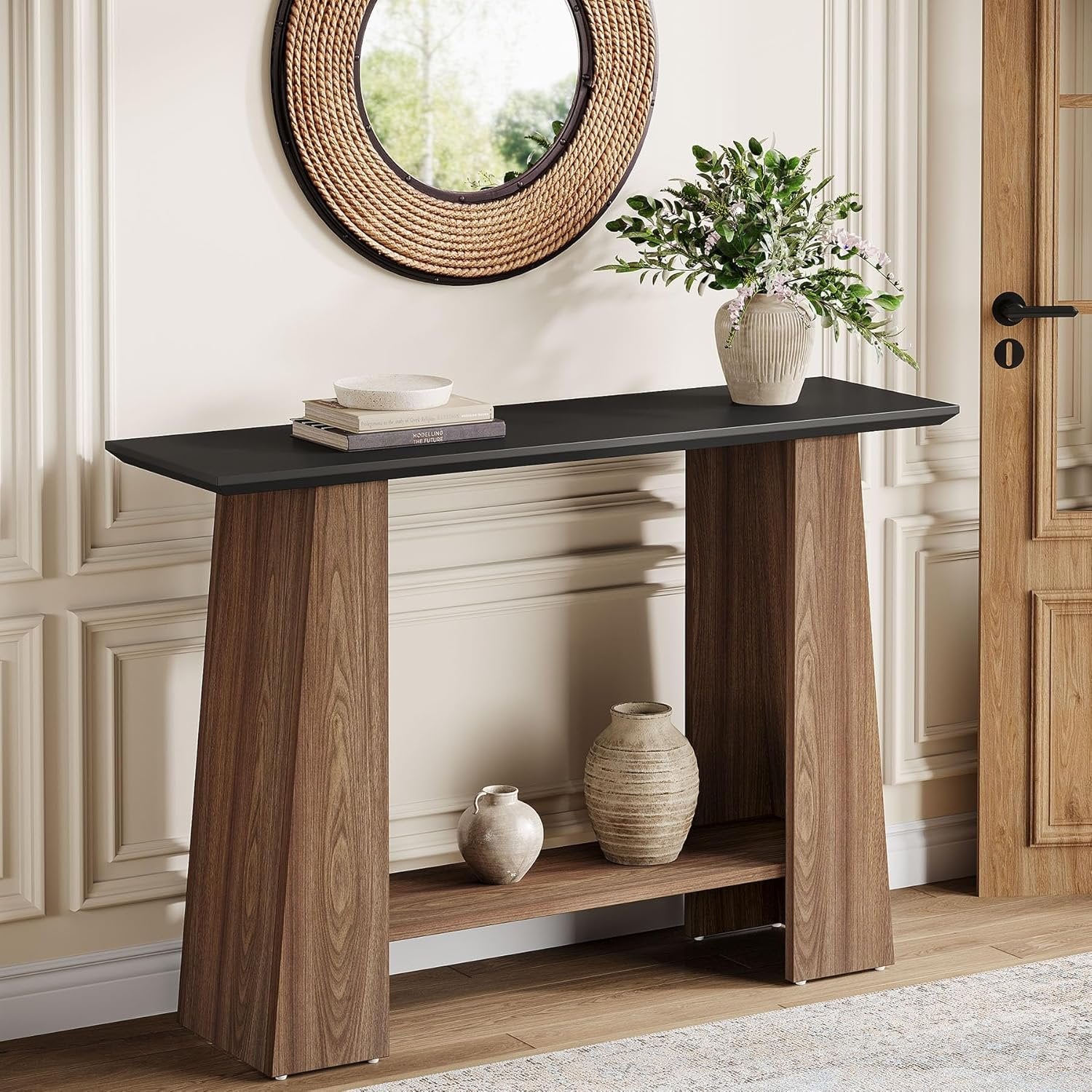 120 cm Konsolentisch, Mid-Century Modern 2-stöckiger Flurtisch in Schwarz und Nussbaum