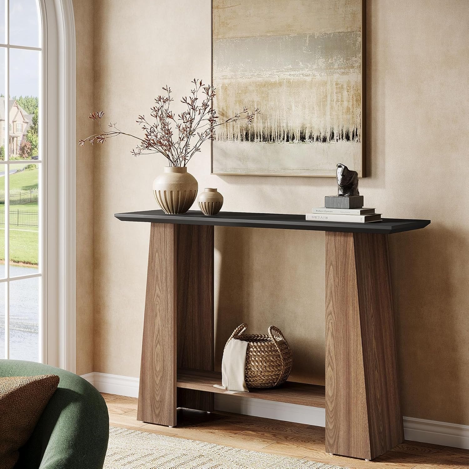 120 cm Konsolentisch, Mid-Century Modern 2-stöckiger Flurtisch in Schwarz und Nussbaum