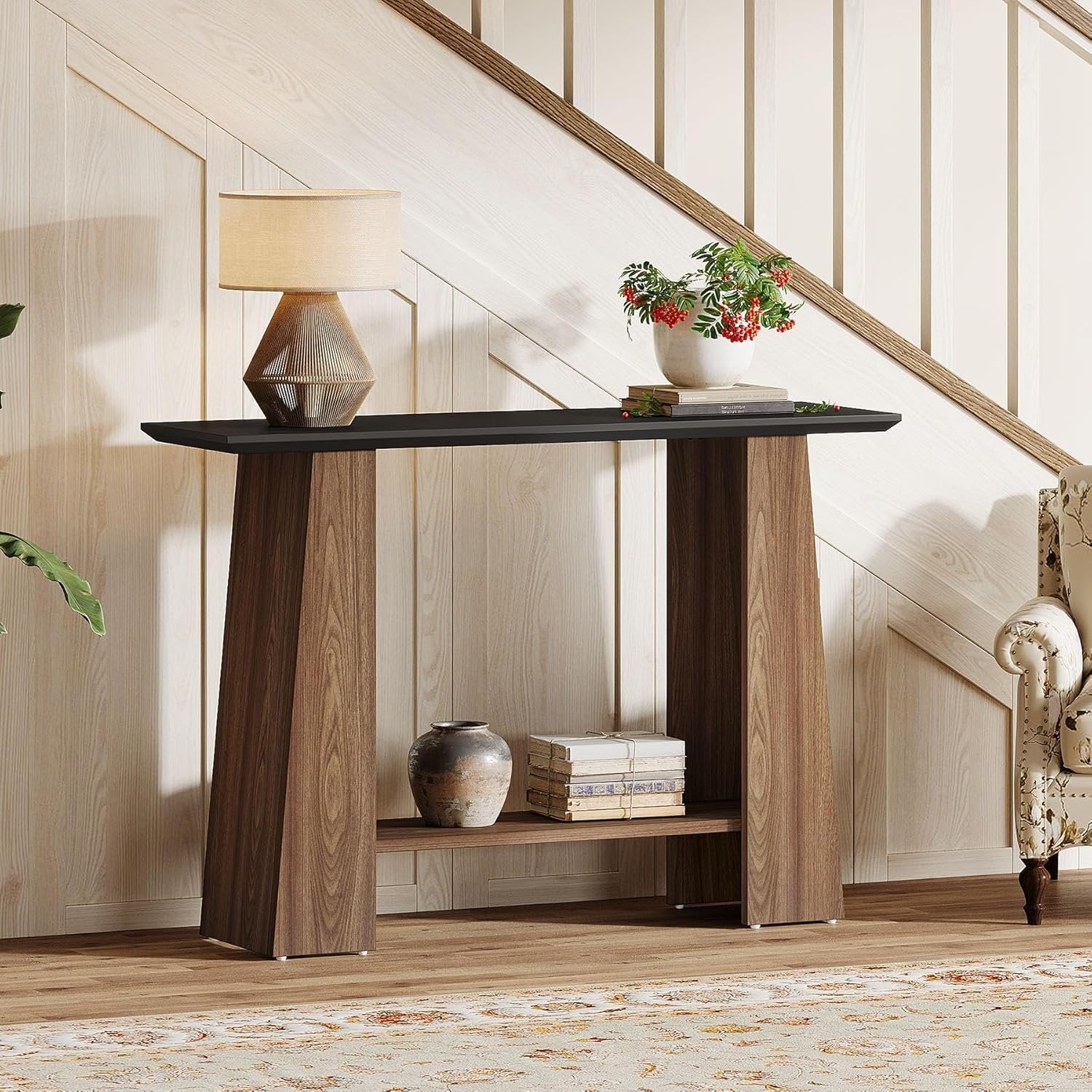 120 cm Konsolentisch, Mid-Century Modern 2-stöckiger Flurtisch in Schwarz und Nussbaum