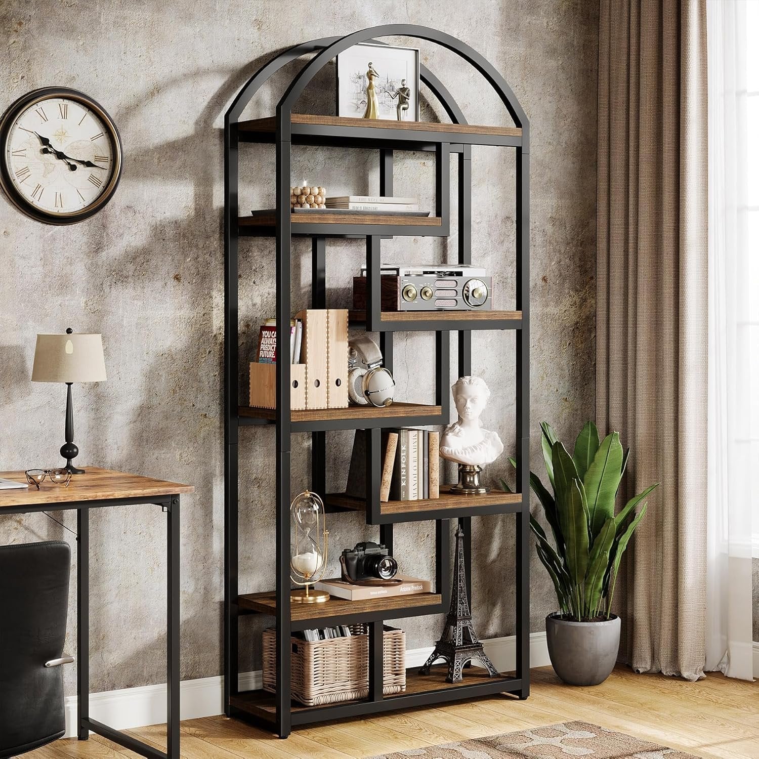 180 cm Industriestil Bücherregal, 7-stöckiges Freistellregal mit Metallrahmen für Homeoffice und Wohnzimmer in Braun