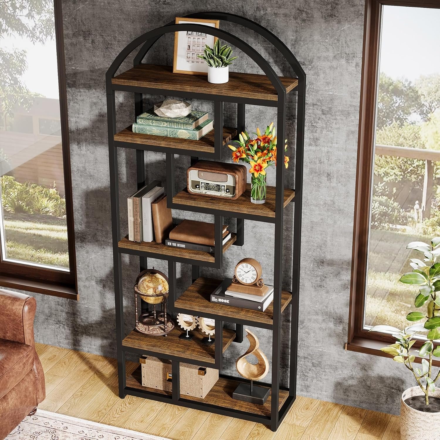 180 cm Industriestil Bücherregal, 7-stöckiges Freistellregal mit Metallrahmen für Homeoffice und Wohnzimmer in Braun