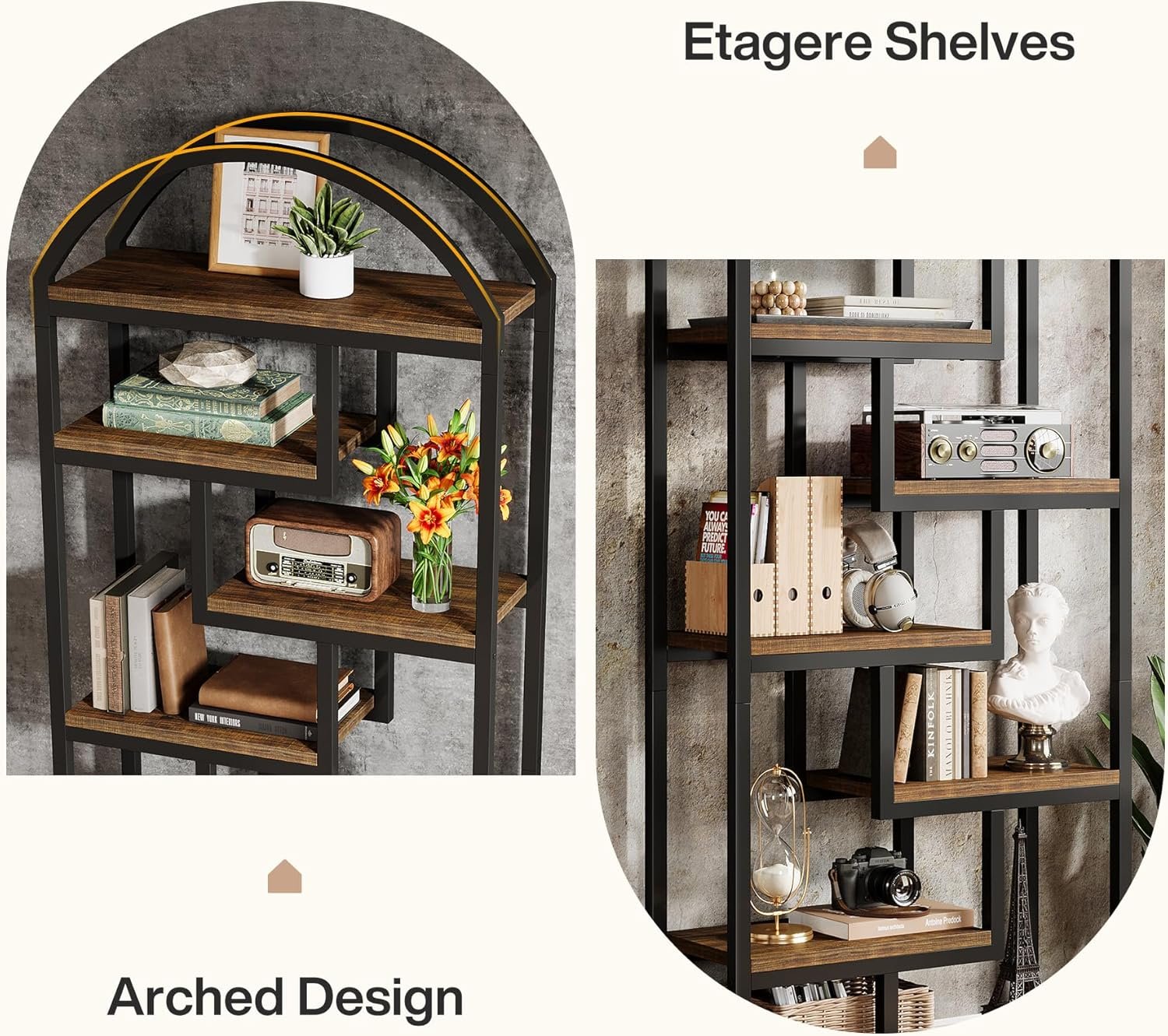 180 cm Industriestil Bücherregal, 7-stöckiges Freistellregal mit Metallrahmen für Homeoffice und Wohnzimmer in Braun