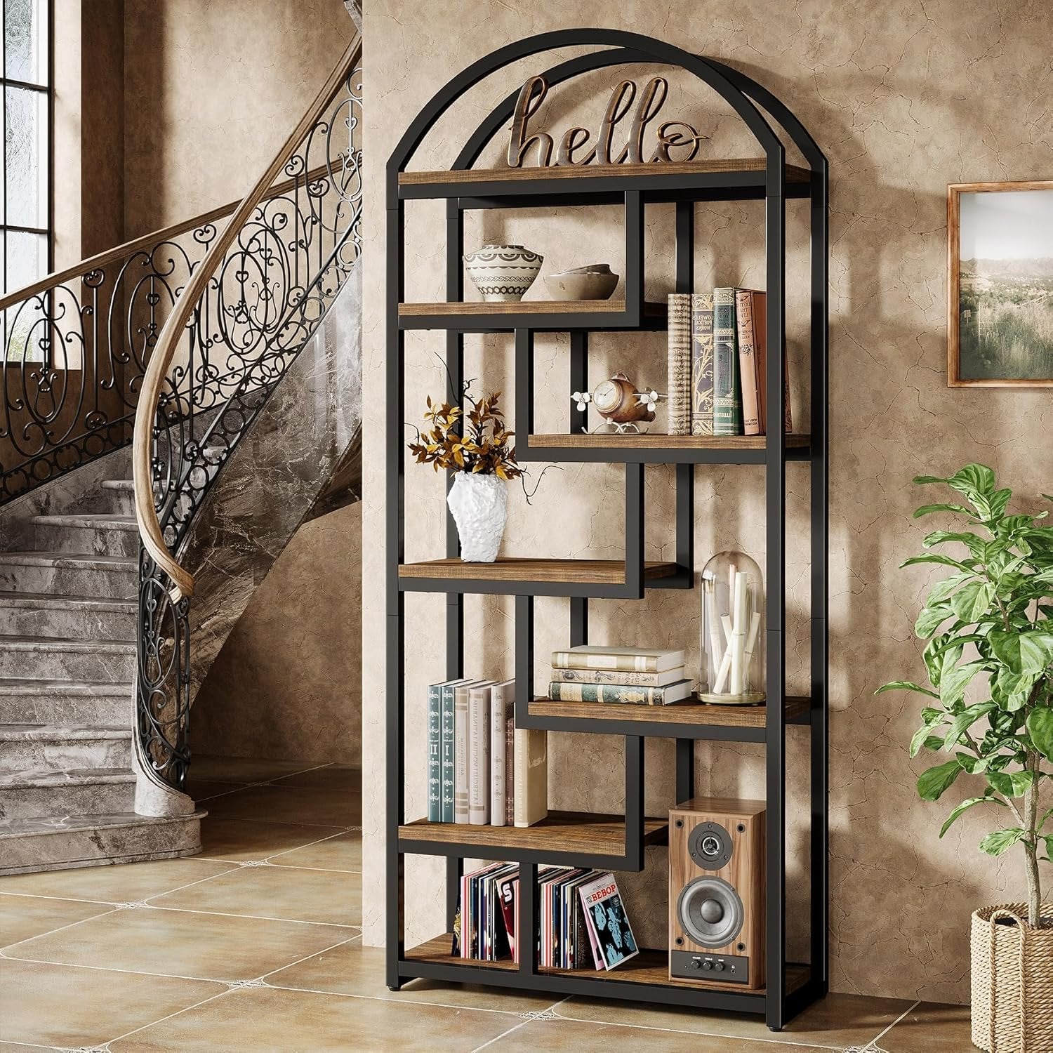 180 cm Industriestil Bücherregal, 7-stöckiges Freistellregal mit Metallrahmen für Homeoffice und Wohnzimmer in Braun