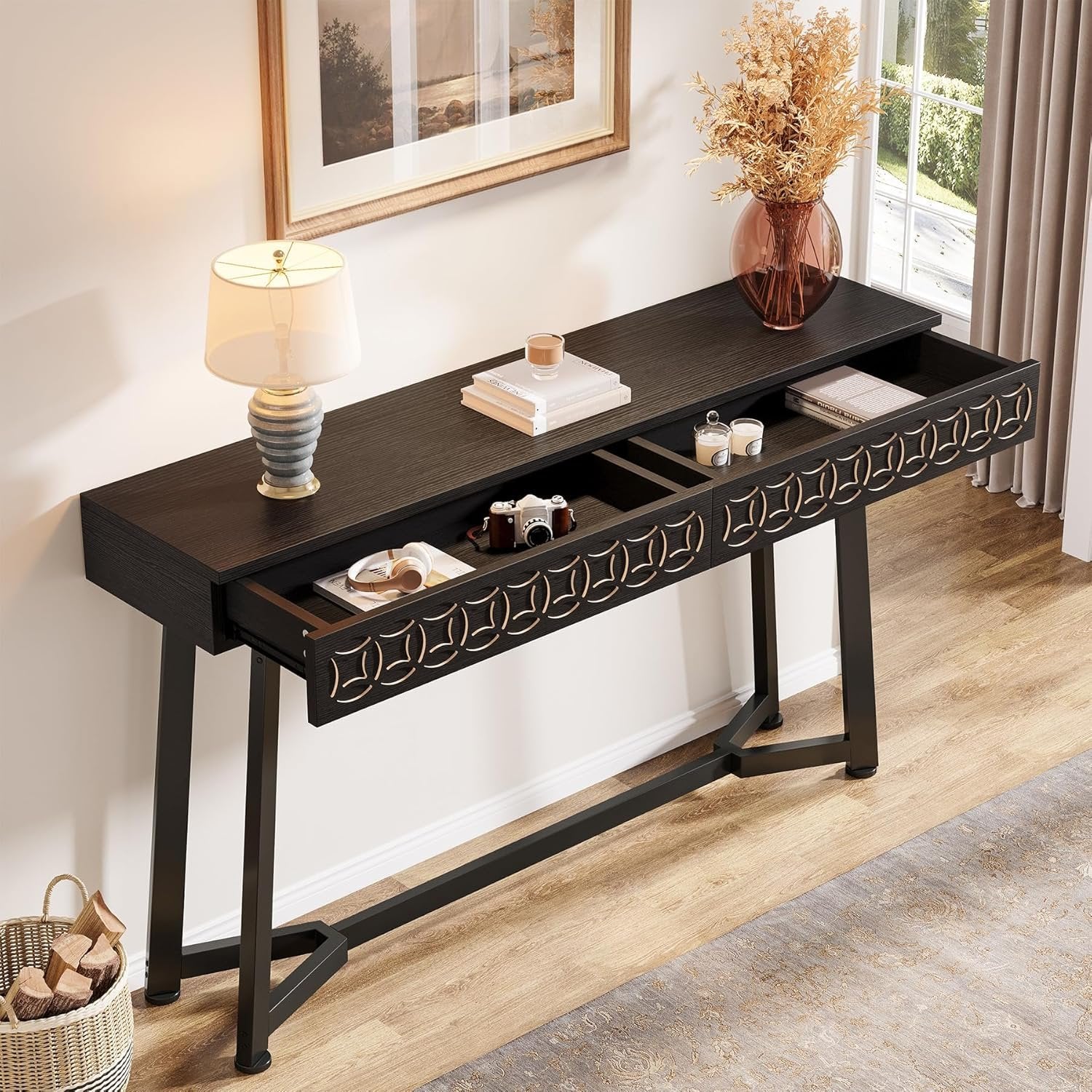 140 cm Moderne Konsole mit 2 Schubladen - Schmaler Couchtisch in Schwarz für Flur & Wohnzimmer