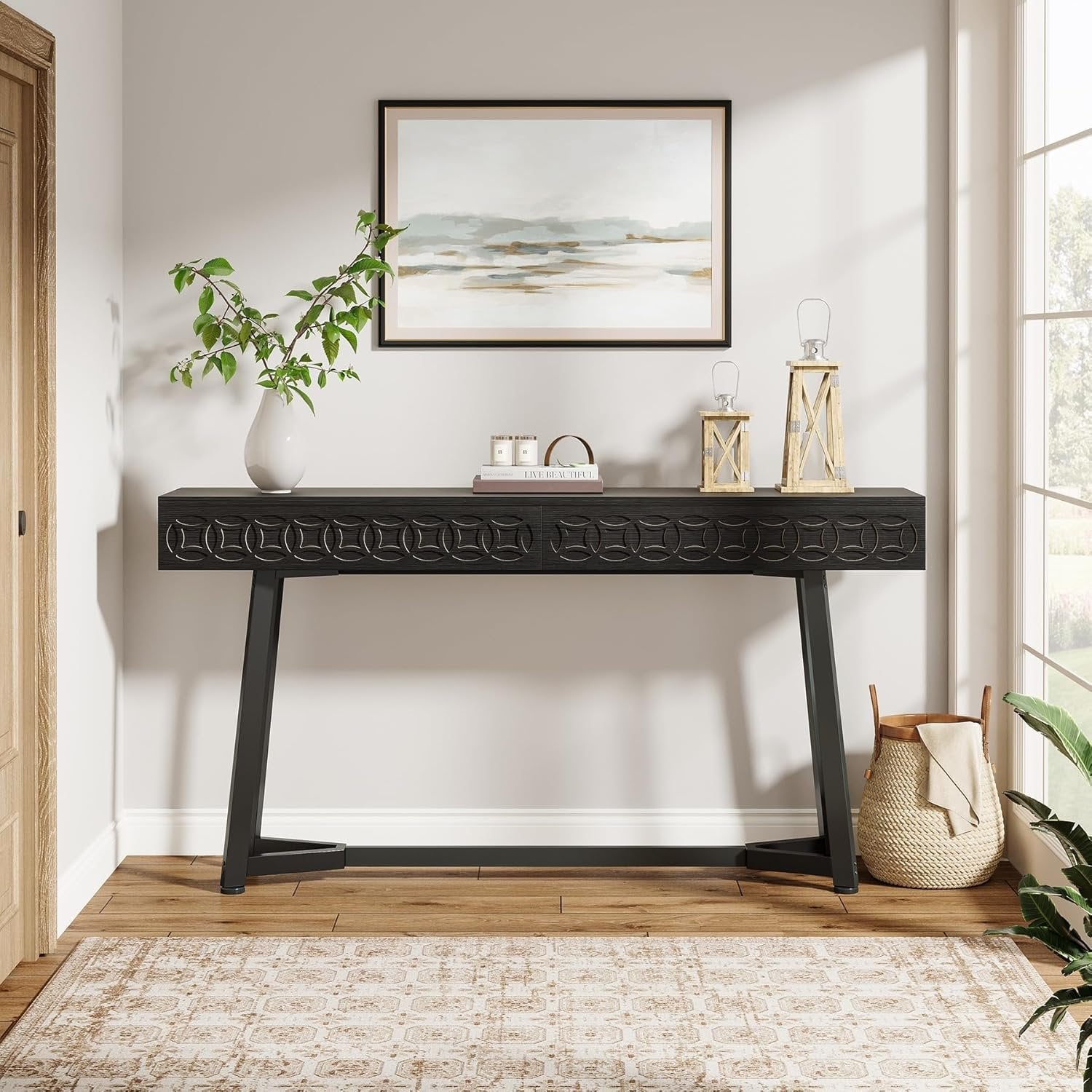 140 cm Moderne Konsole mit 2 Schubladen - Schmaler Couchtisch in Schwarz für Flur & Wohnzimmer