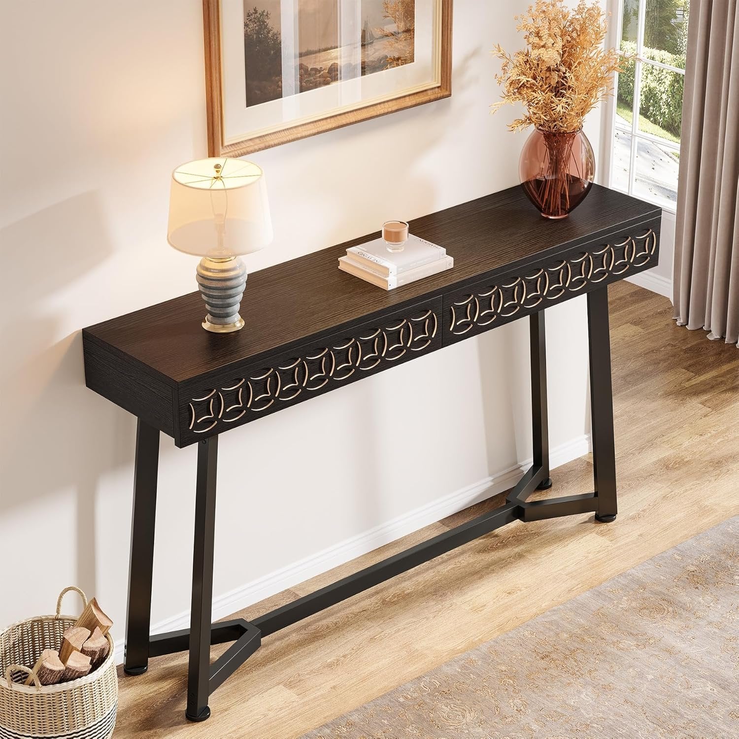 140 cm Moderne Konsole mit 2 Schubladen - Schmaler Couchtisch in Schwarz für Flur & Wohnzimmer