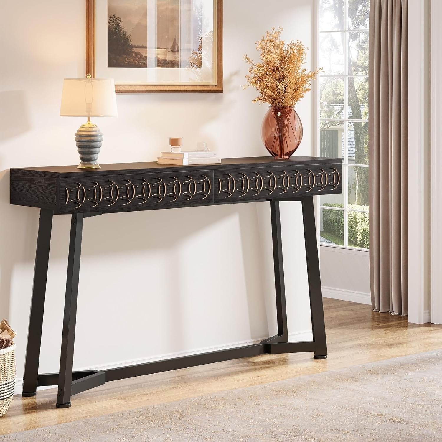 140 cm Moderne Konsole mit 2 Schubladen - Schmaler Couchtisch in Schwarz für Flur & Wohnzimmer